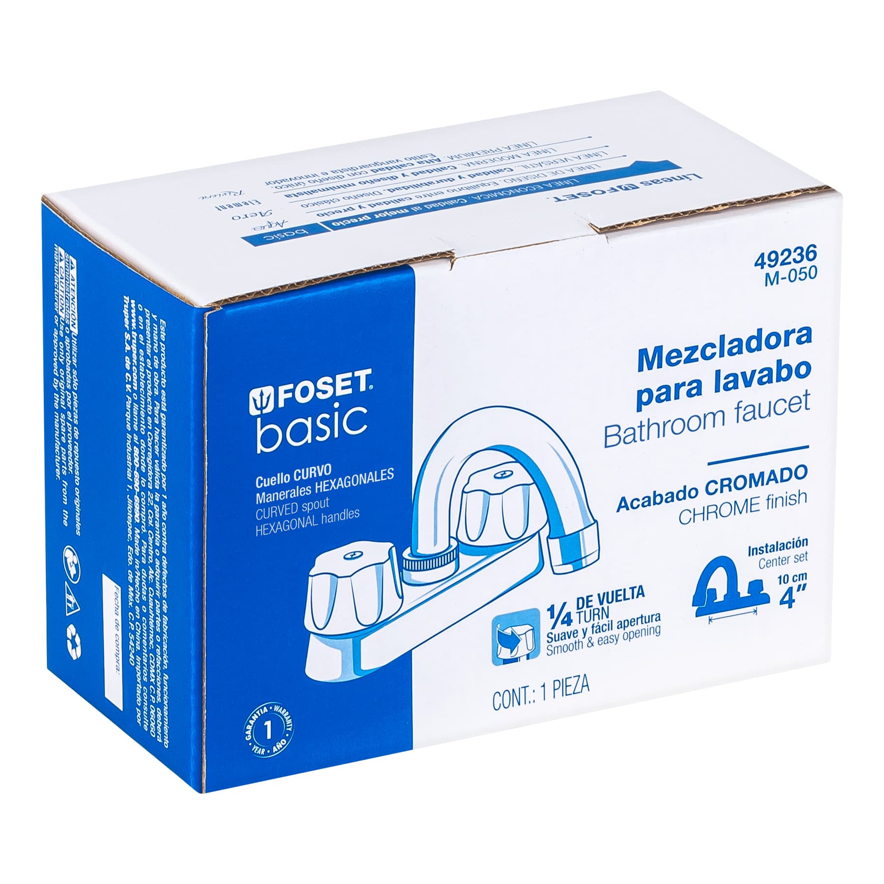 Mezcladora 4" para lavabo, cuello curvo, cartucho cerámico