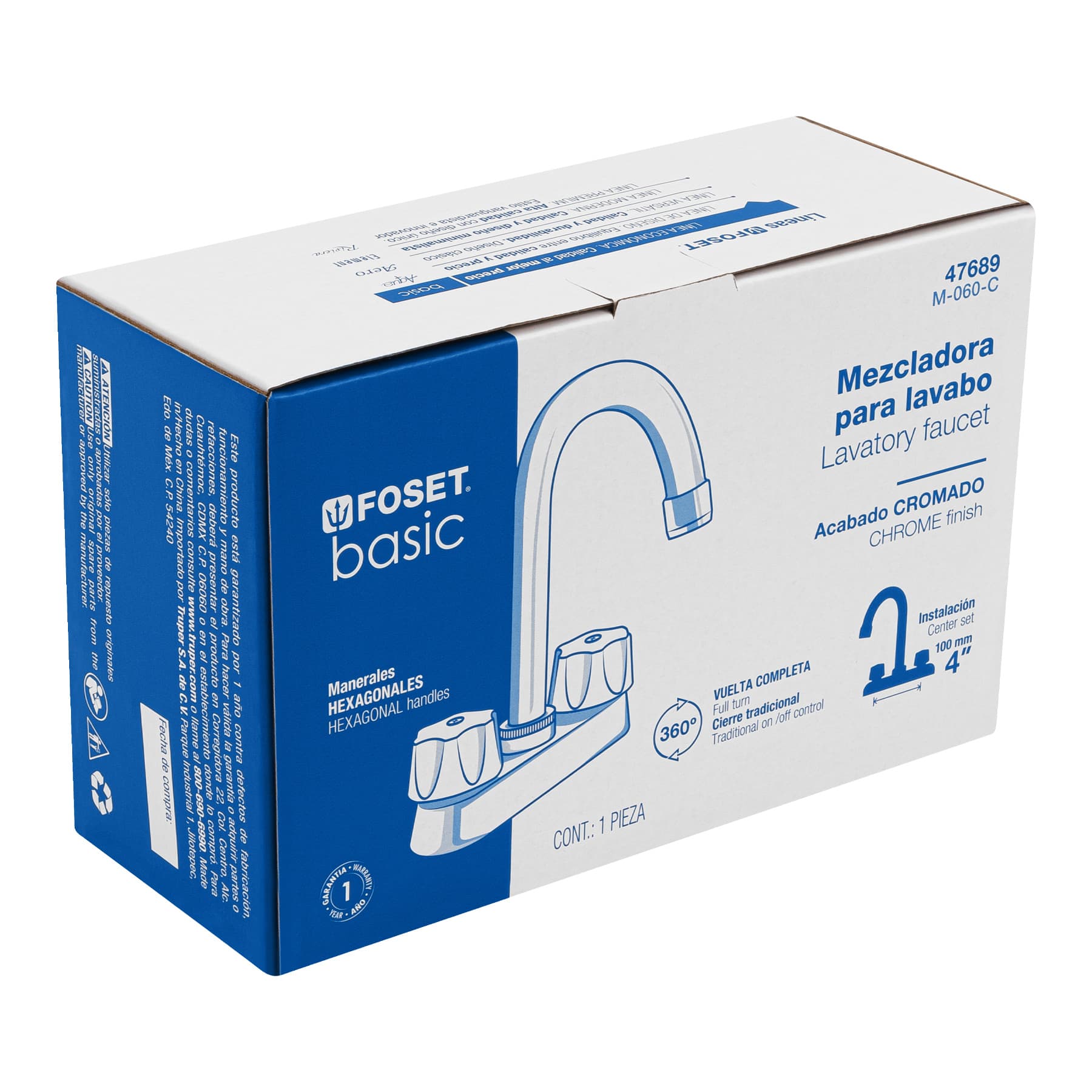 Mezcladora 4" para lavabo, cuello bar, cartucho compresión