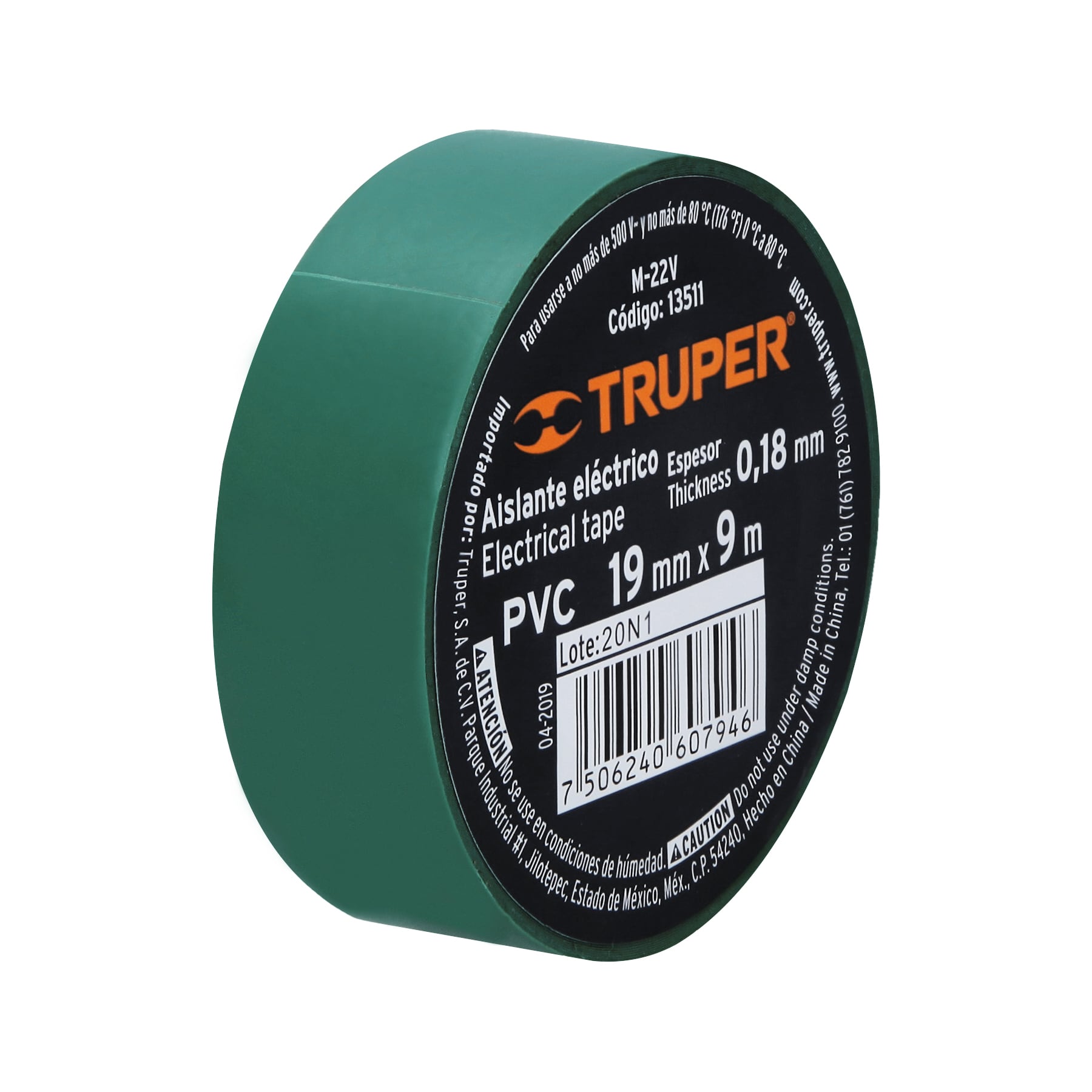 Cinta de aislar de 9 m x 19 mm, verde, Truper
