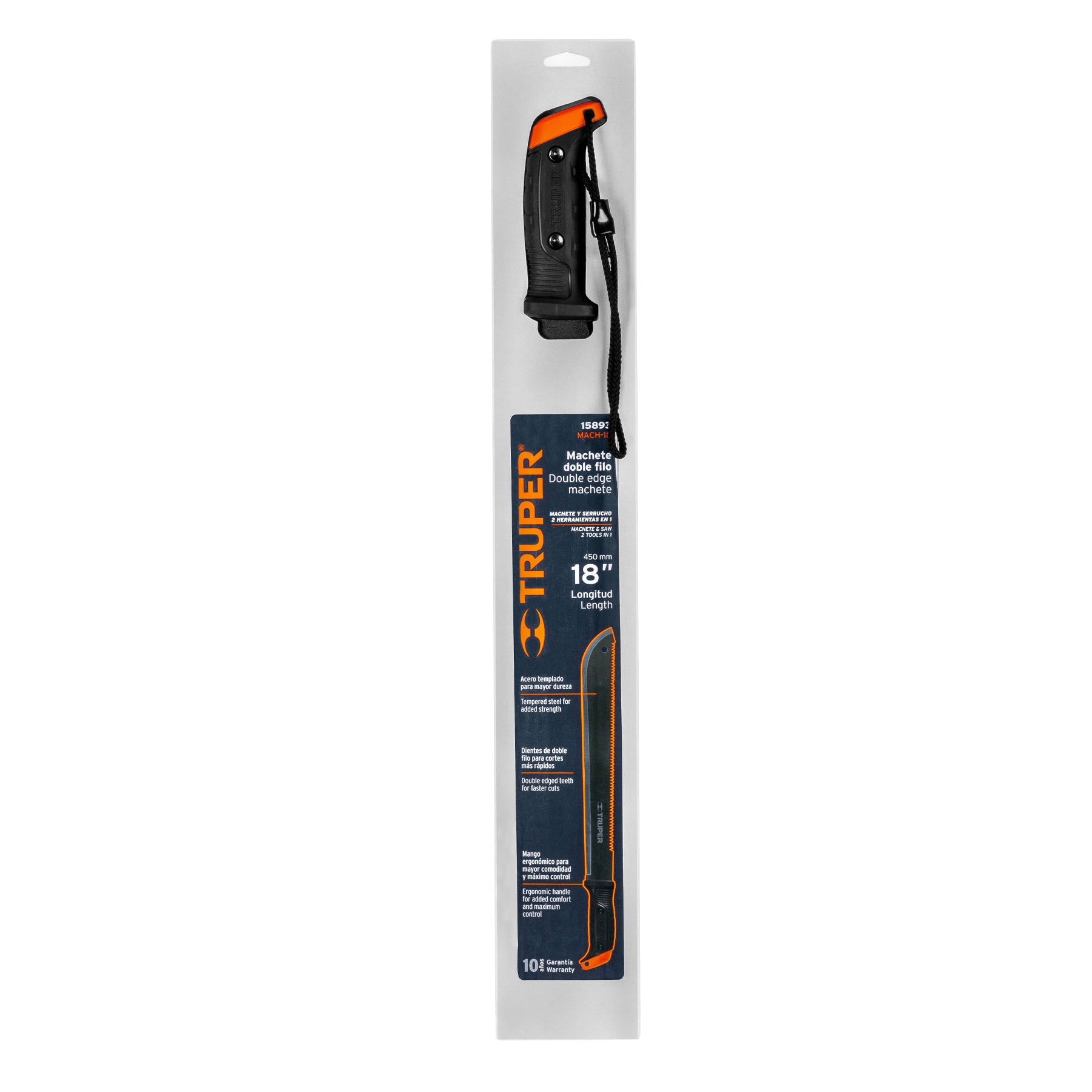 Machete doble filo 18", cacha atornillada, funda de cartón