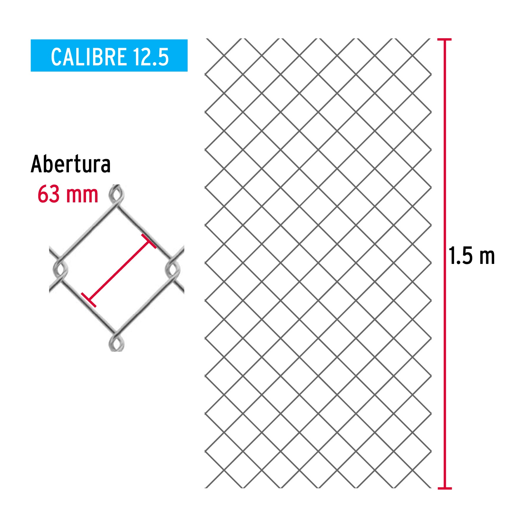 Rollo malla ciclónica cal.12.5, 1.5x20m, abertura 63mm 37kg