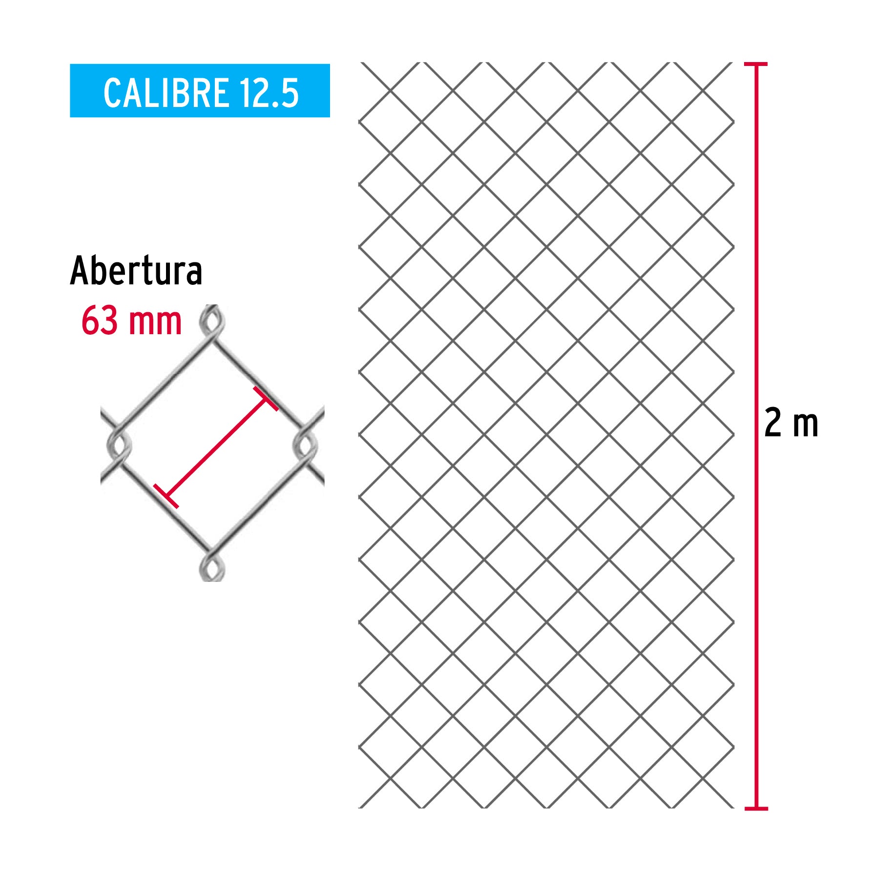 Rollo malla ciclónica cal.12.5, 2x20m, abertura 63mm 45kg