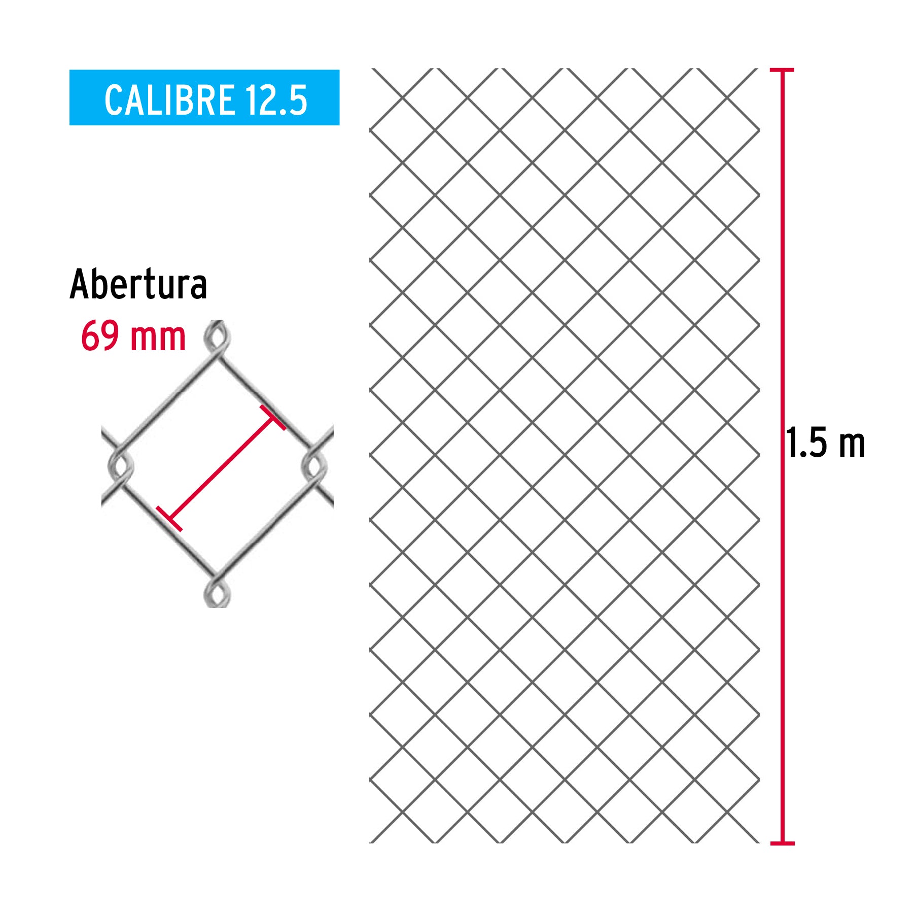 Rollo malla ciclónica cal.12.5, 1.5x20m, abertura 69mm 31kg