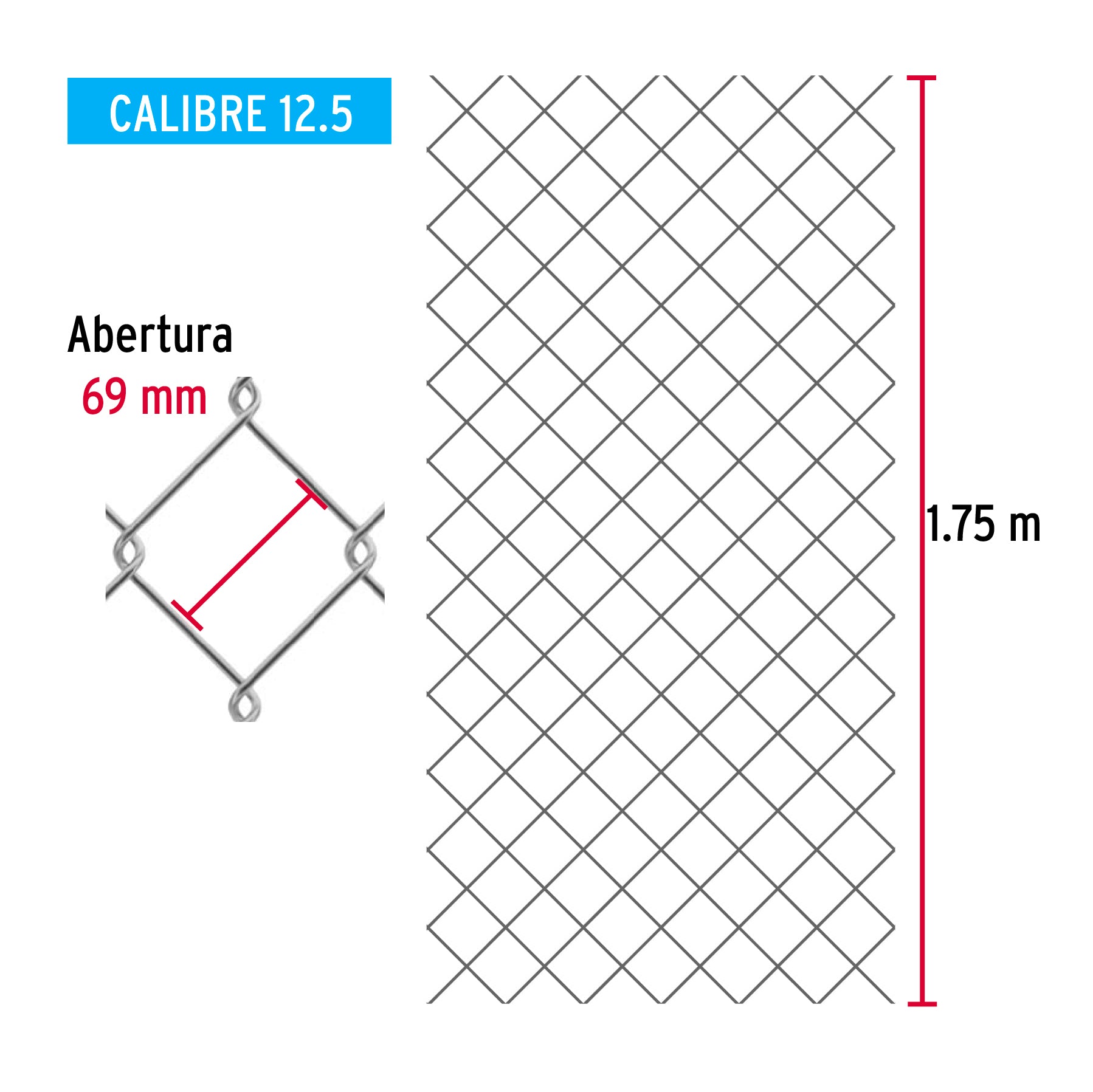 Rollo malla ciclónica cal.12.5, 1.75x20m, abertura69mm 35kg