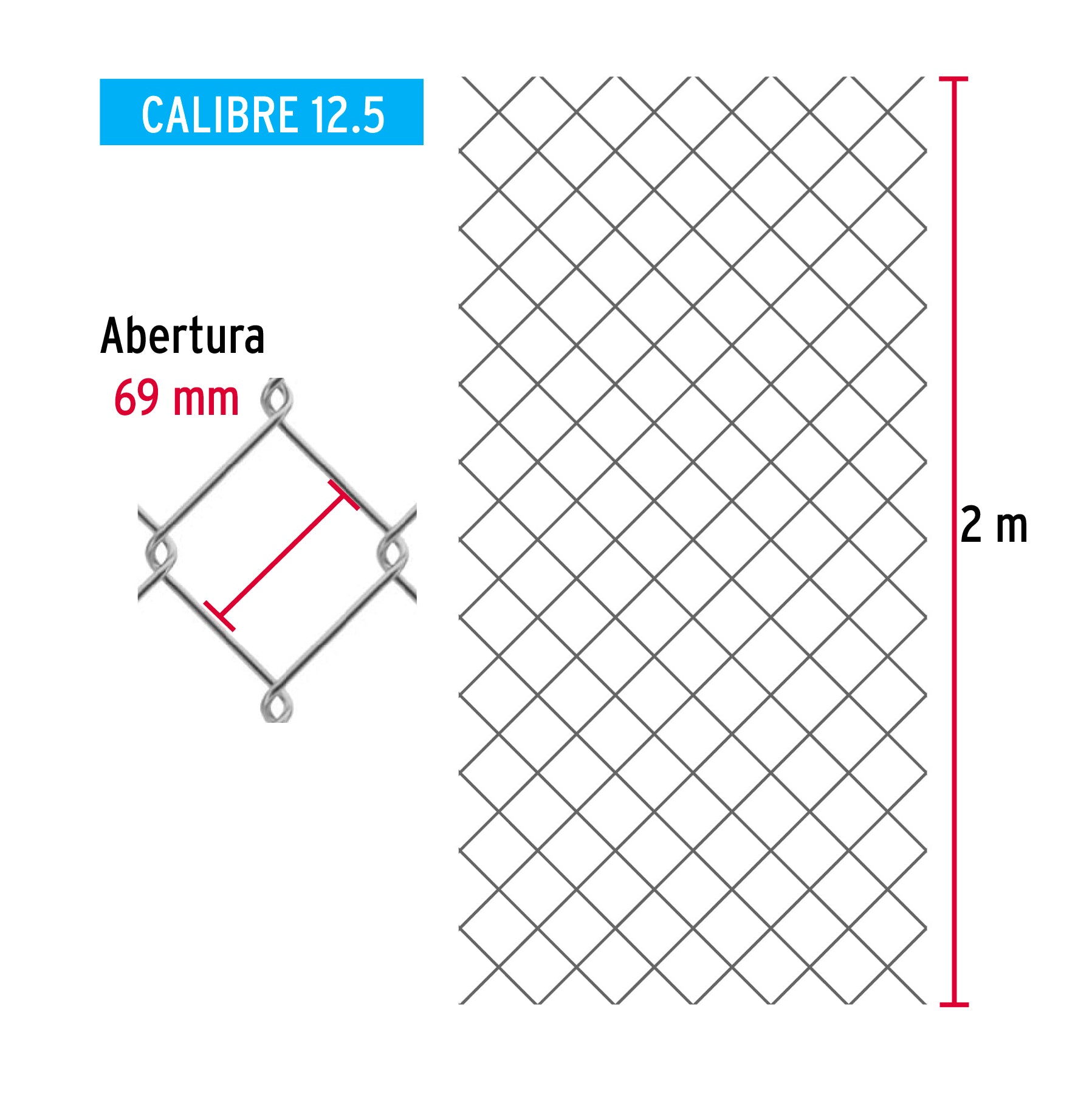 Rollo malla ciclónica cal.12.5, 2x20m, abertura 69mm 40kg