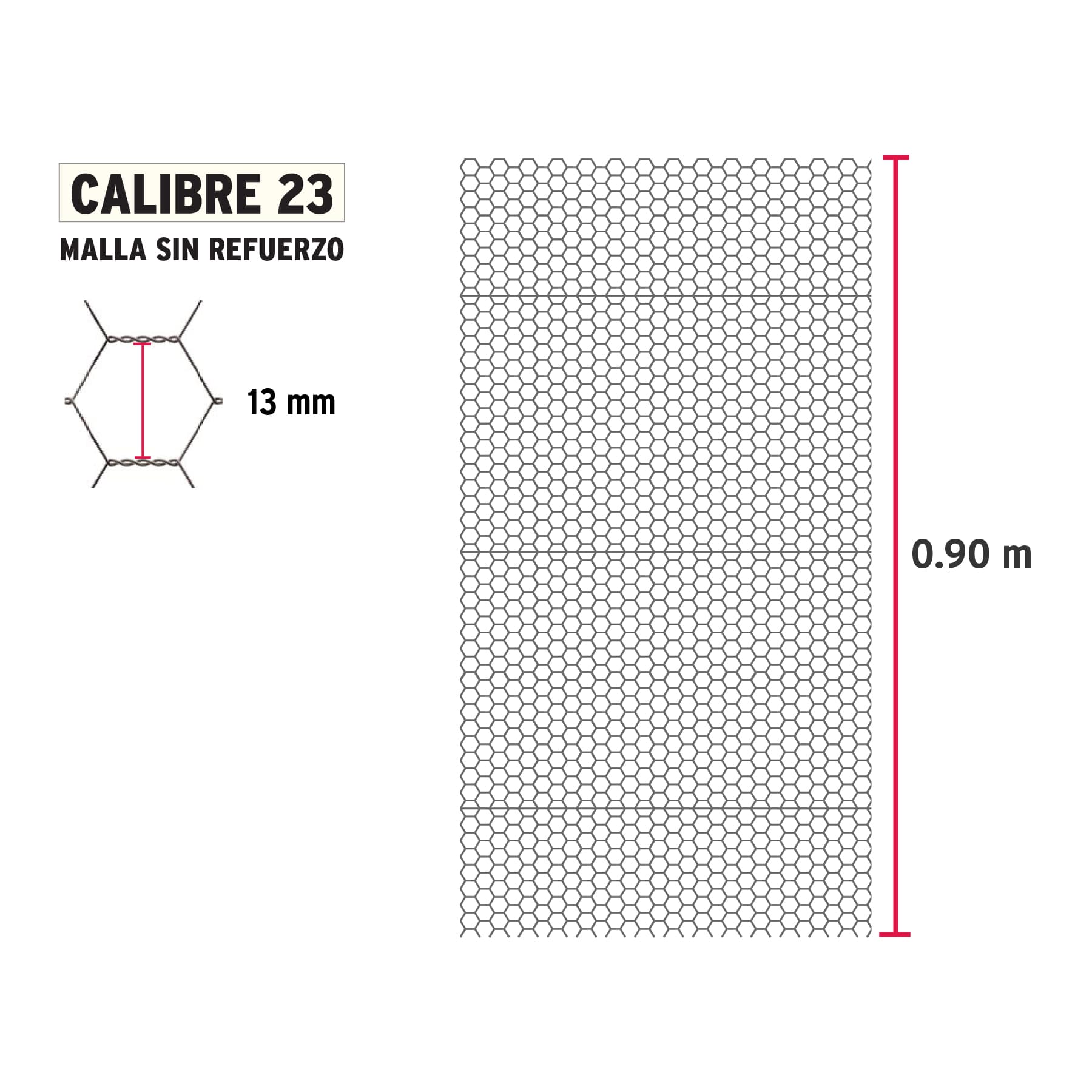Rollo malla hexagonal cal.23, 0.90x 45m, abertura 13mm, 16kg