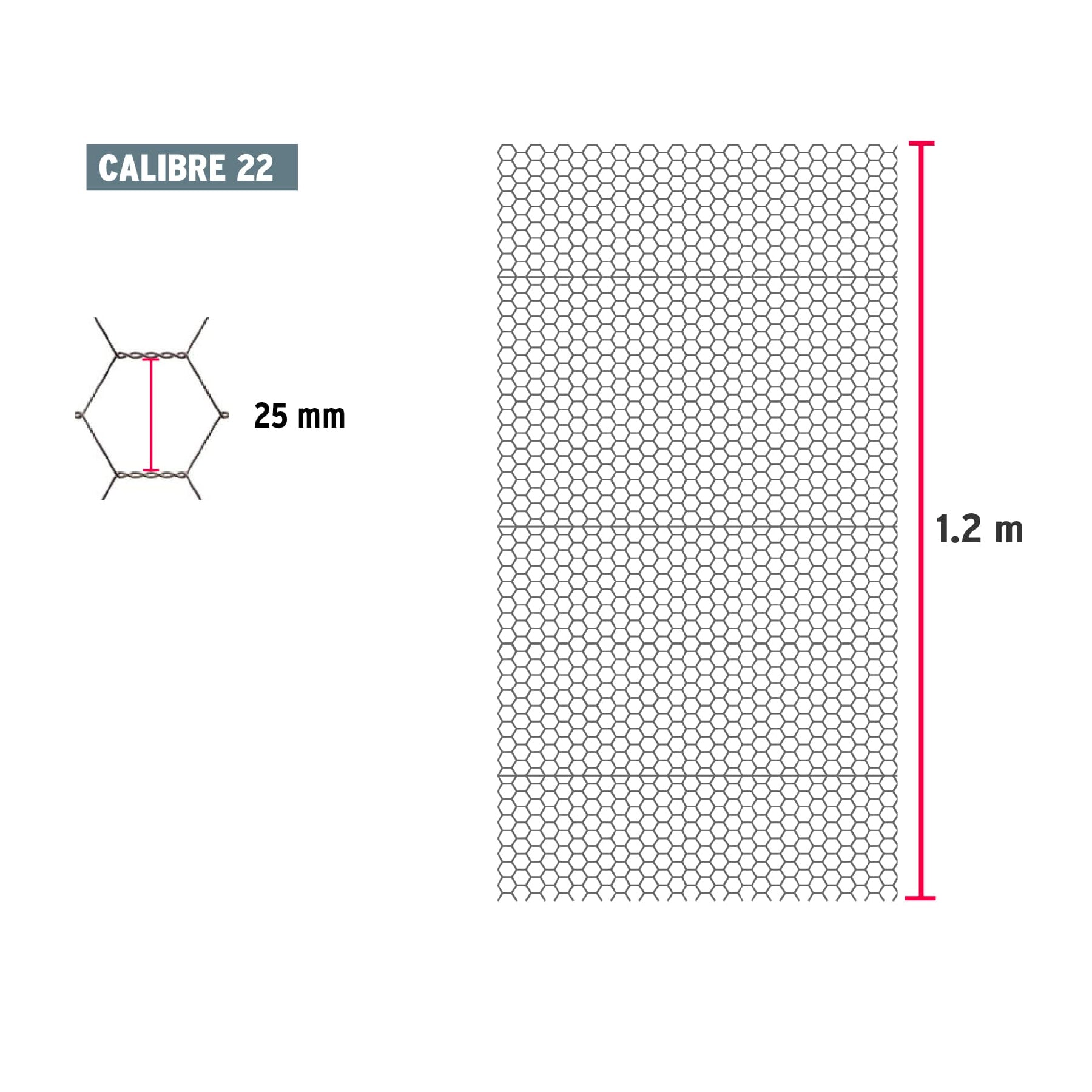 Rollo malla hexagonal cal.22, 1.2x 45m, abertura 25mm, 16kg