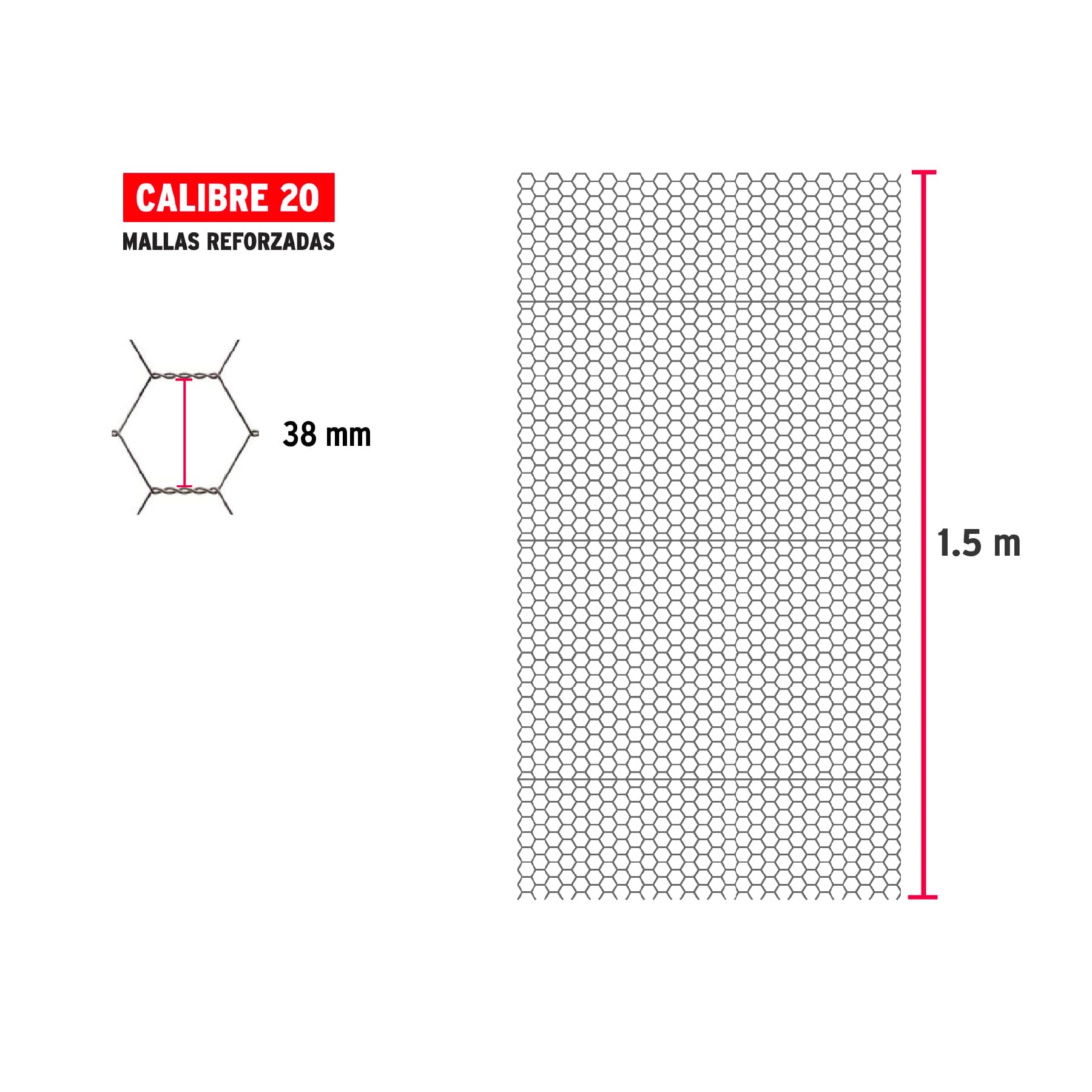 Rollo malla hexagonal cal.20, 1.5x 45m, abertura 38mm, 19kg