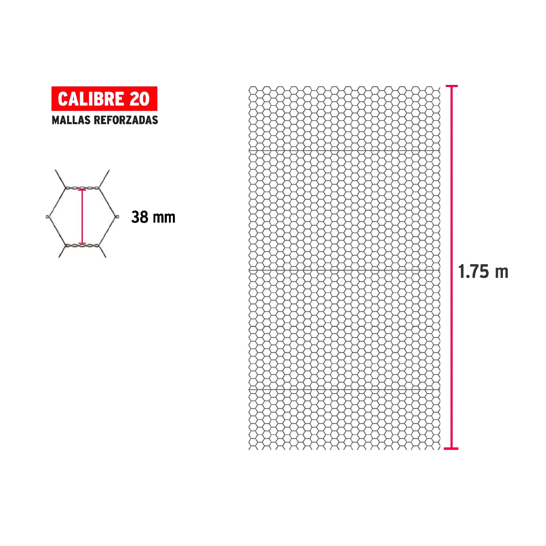 Rollo malla hexagonal cal.20, 1.75x 45m, abertura 38mm, 21kg