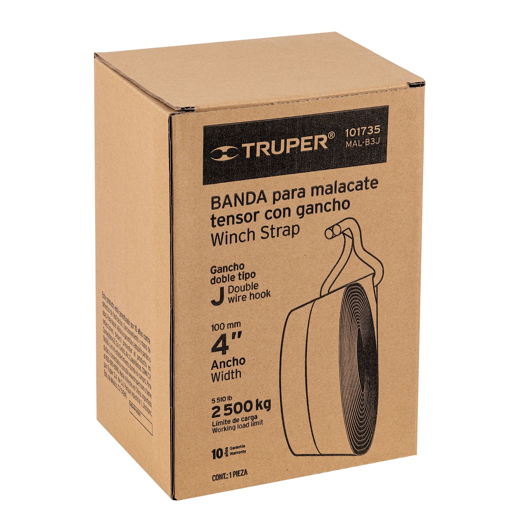 Banda de 4" x 9 m con gancho "J" para malacate, Truper