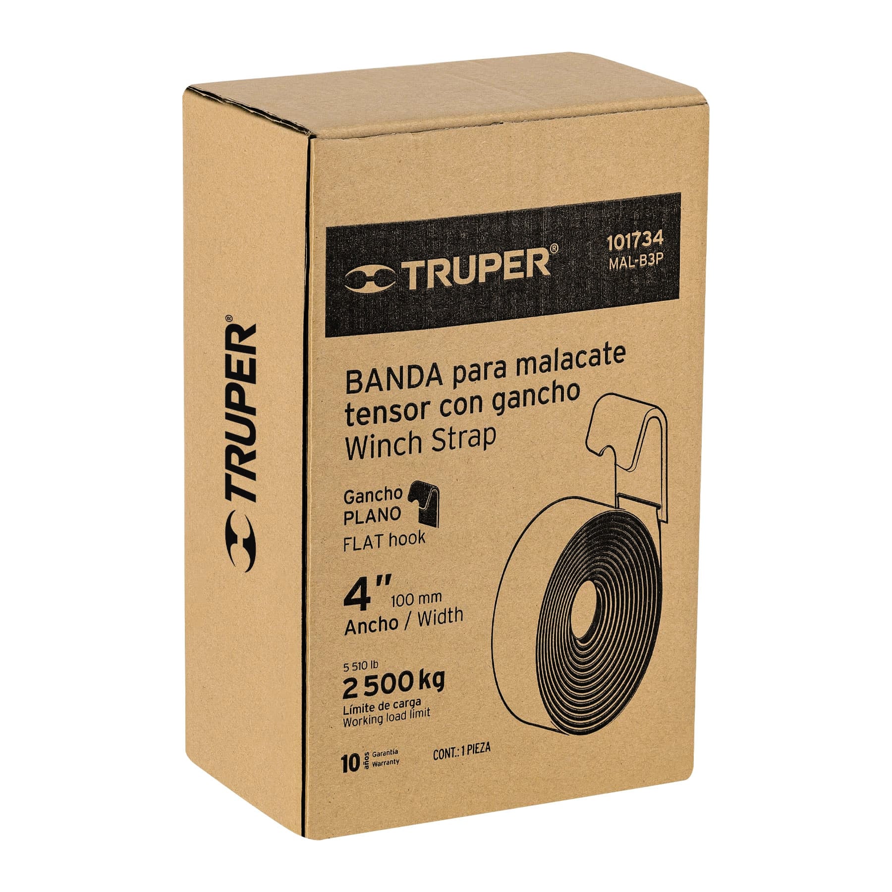 Banda de 4" x 9 m con gancho plano para malacate, Truper