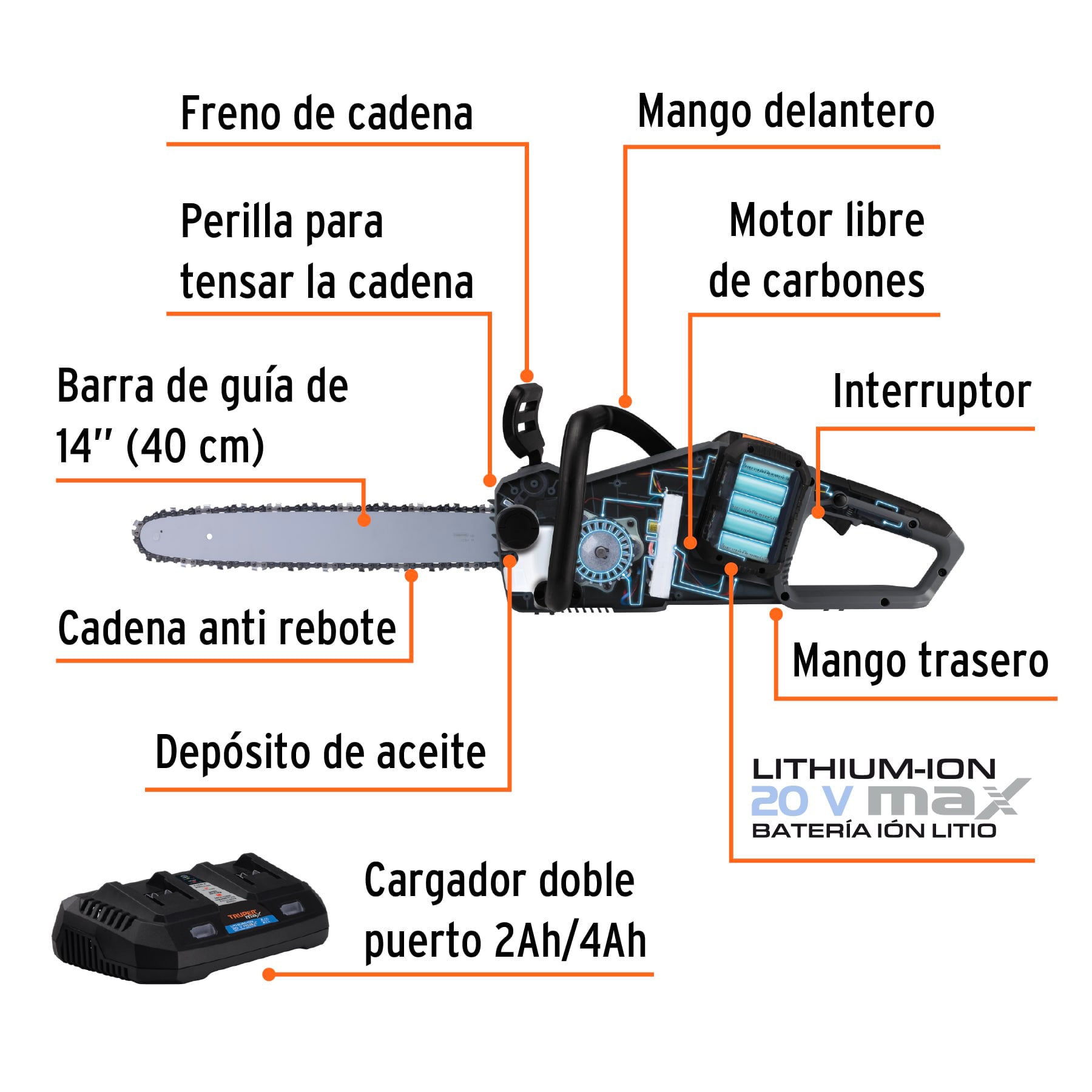 Motosierra inalámbrica 40V, sin carbones, Truper MAX