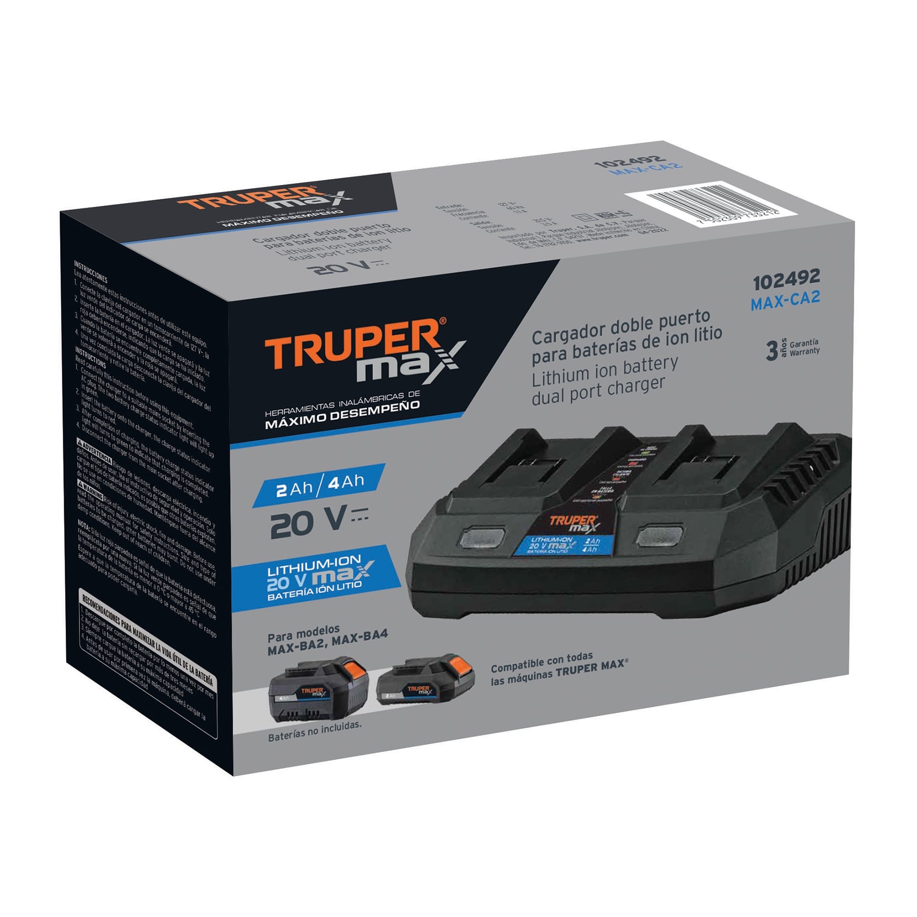 Cargador dual de baterías de ion litio 20V, Truper MAX