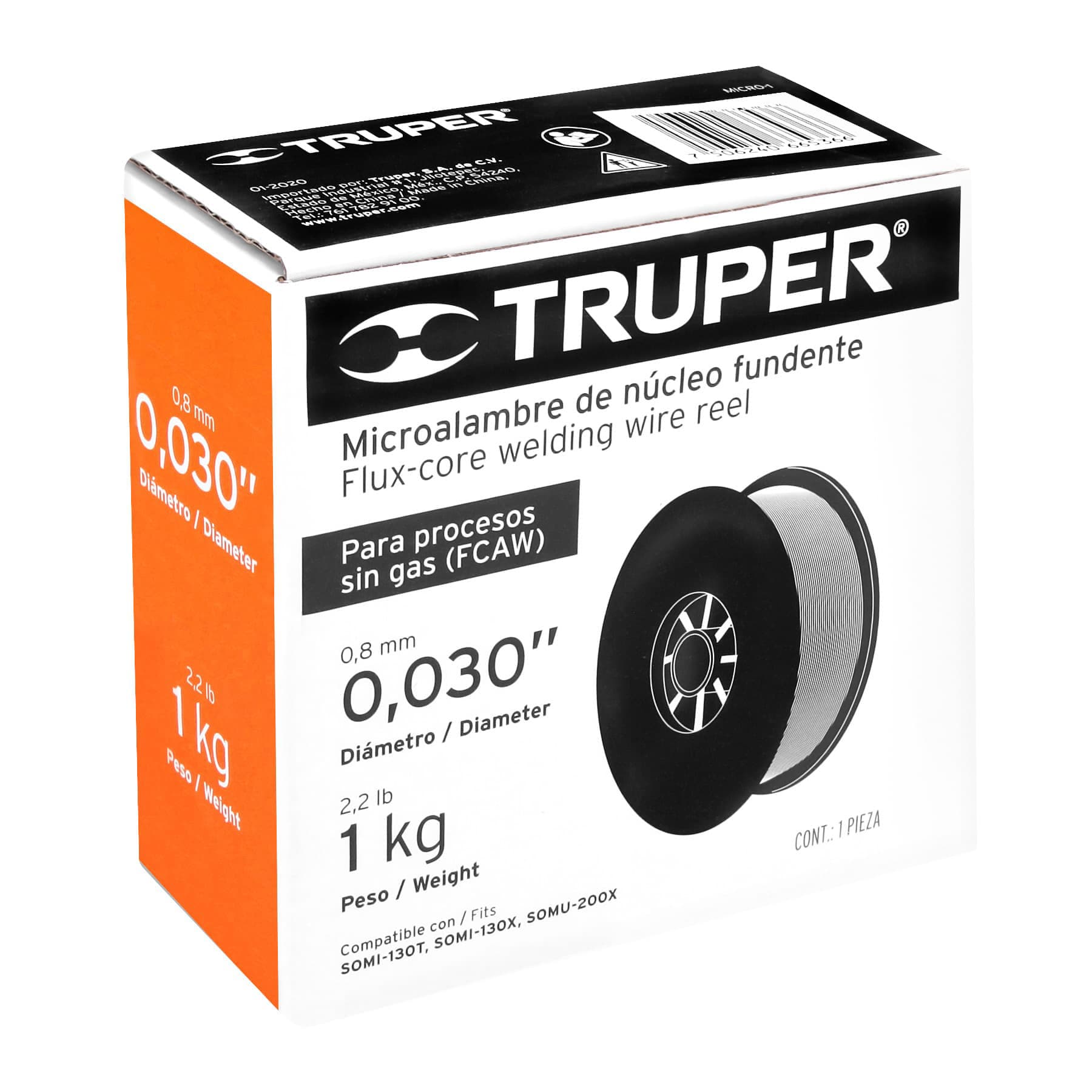 Caja con 1 kg de microalambre núcleo fundente, procesos s/gas