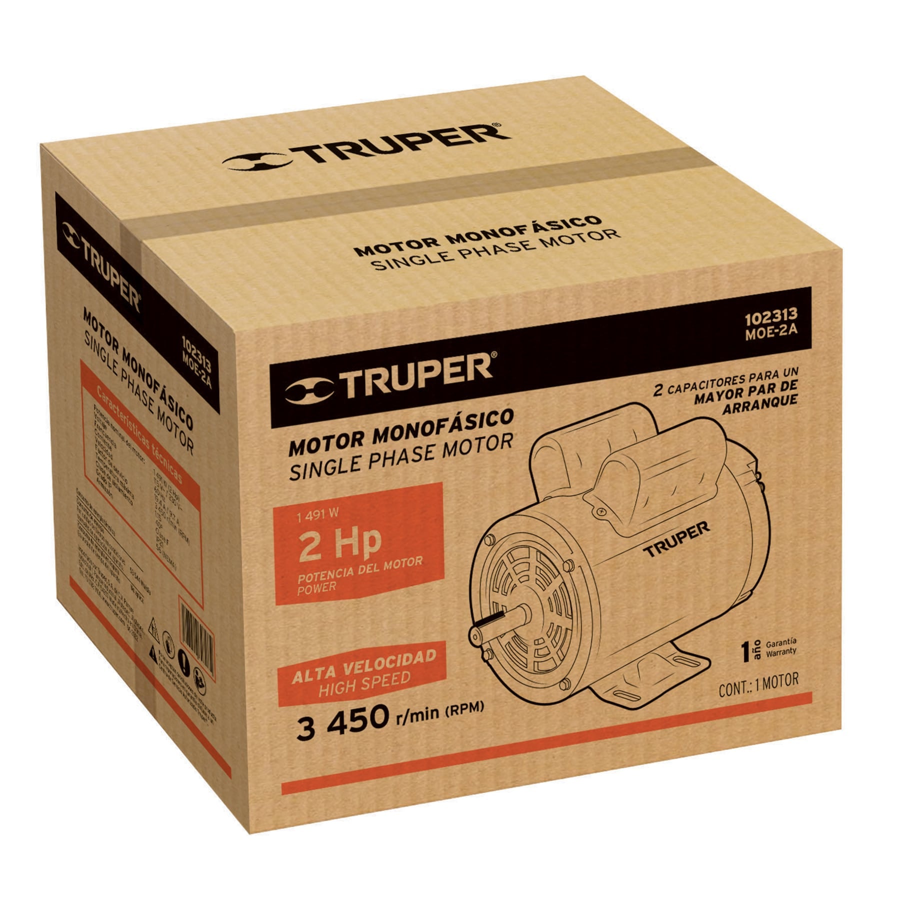 Motor eléctrico monofásico de 2 HP, alta velocidad, Truper