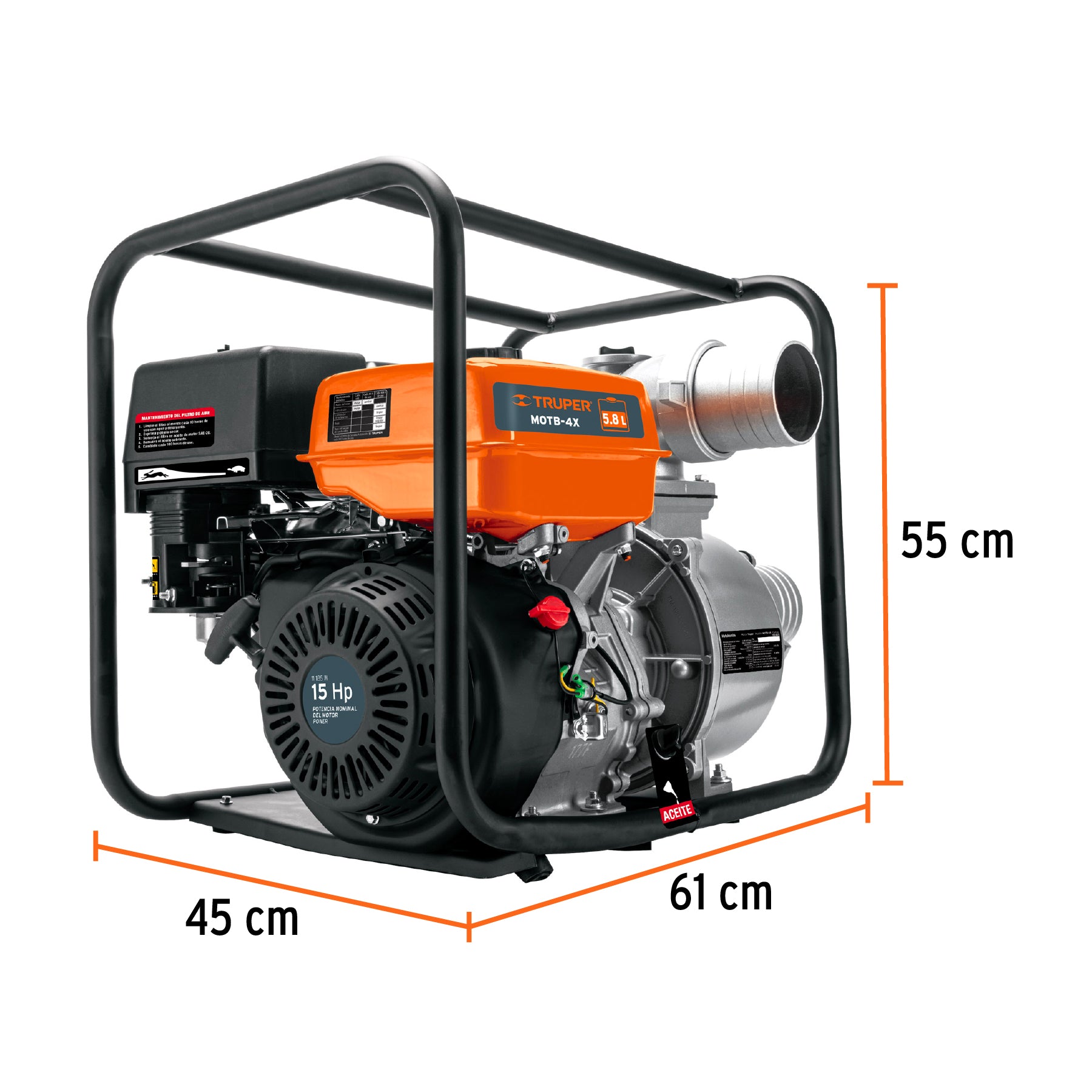 Motobomba autocebante 4"x4", gasolina 15HP, agrícola, Truper