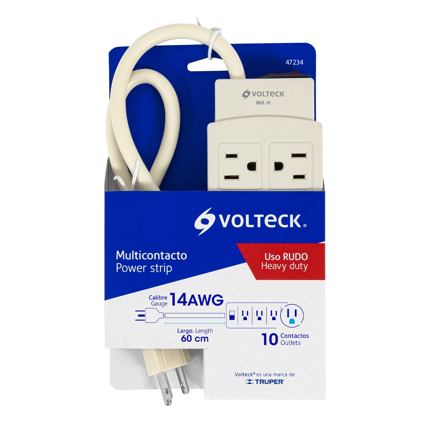 Multicontacto 14 AWG uso rudo con 10 entradas, Volteck