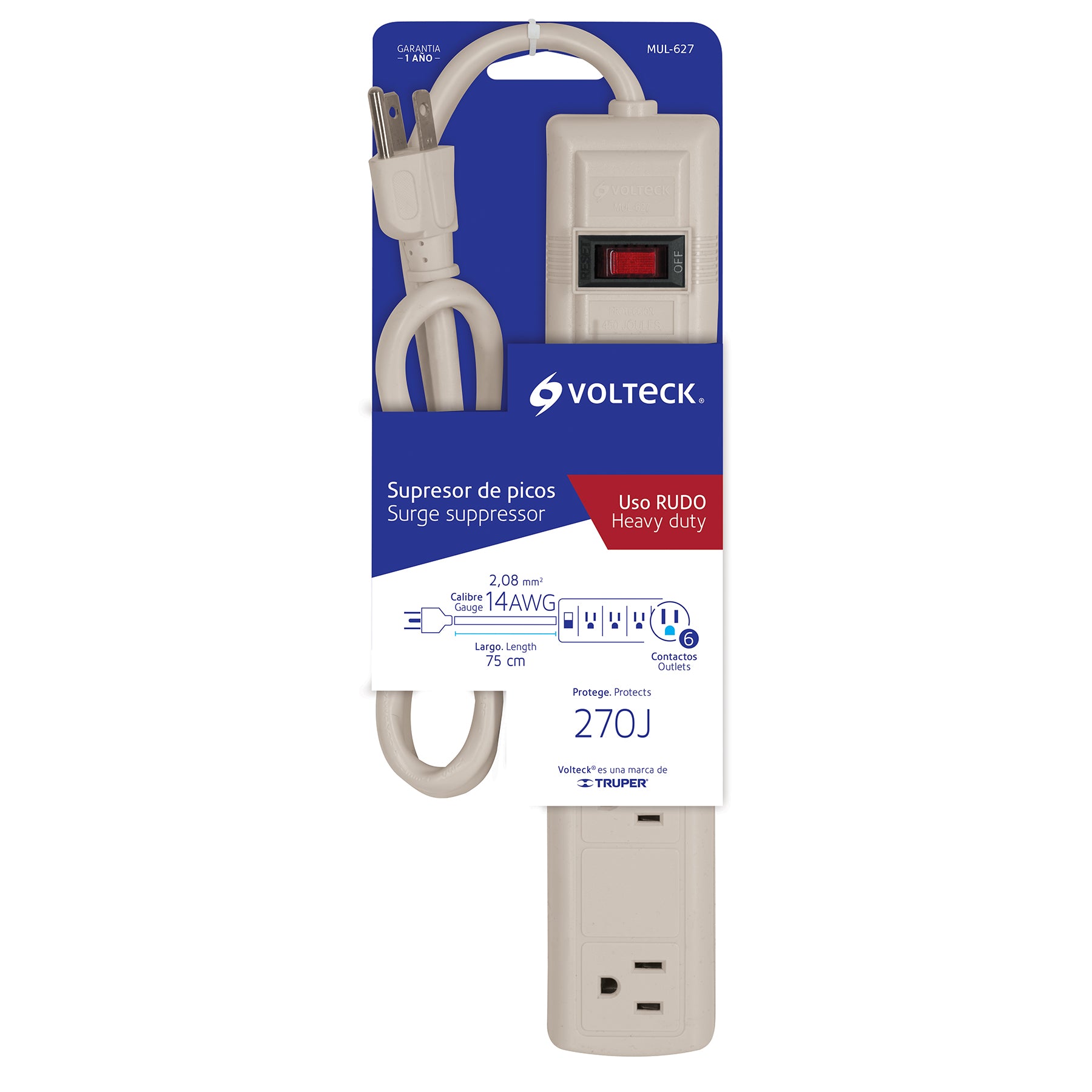 Multicontacto 14 AWG 6 entradas supresor de picos 270 joules