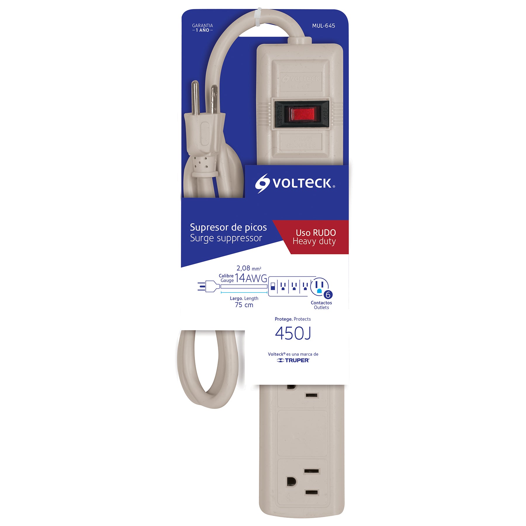 Multicontacto 14 AWG 6 entradas supresor de picos 450 joules