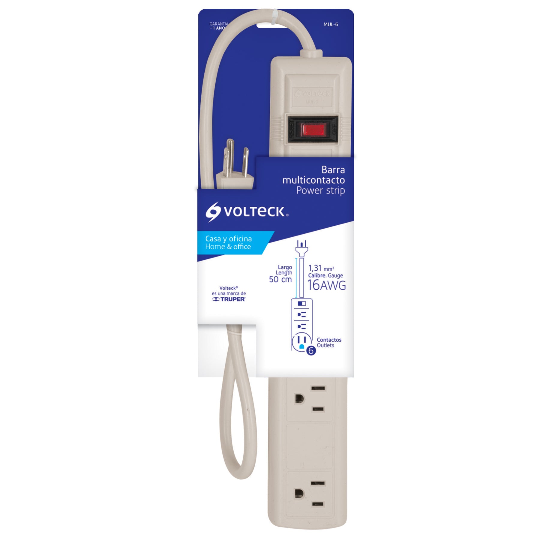 Multicontacto 16 AWG uso rudo con 6 entradas, Volteck