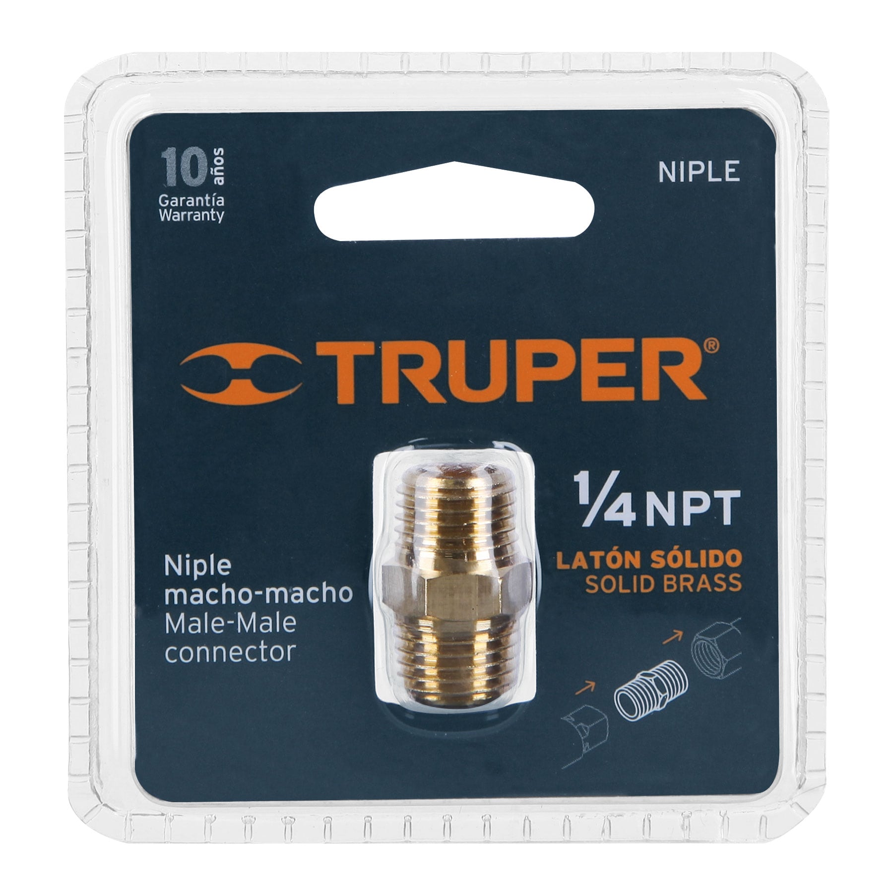 Niple de latón, macho-macho, cuerda 1/4" NPT, Truper