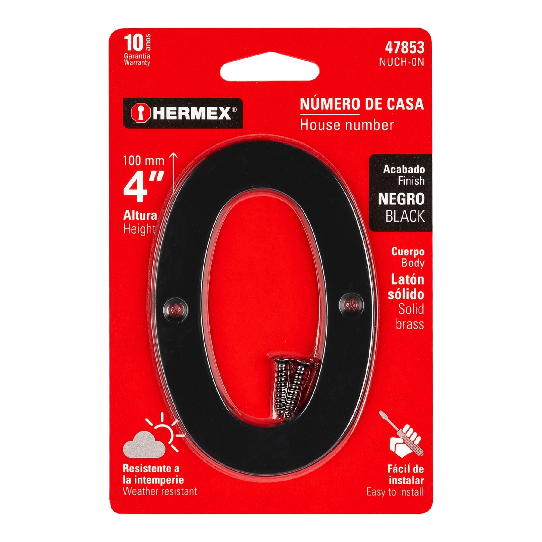 Número 0 de latón sólido 4", negro, Hermex