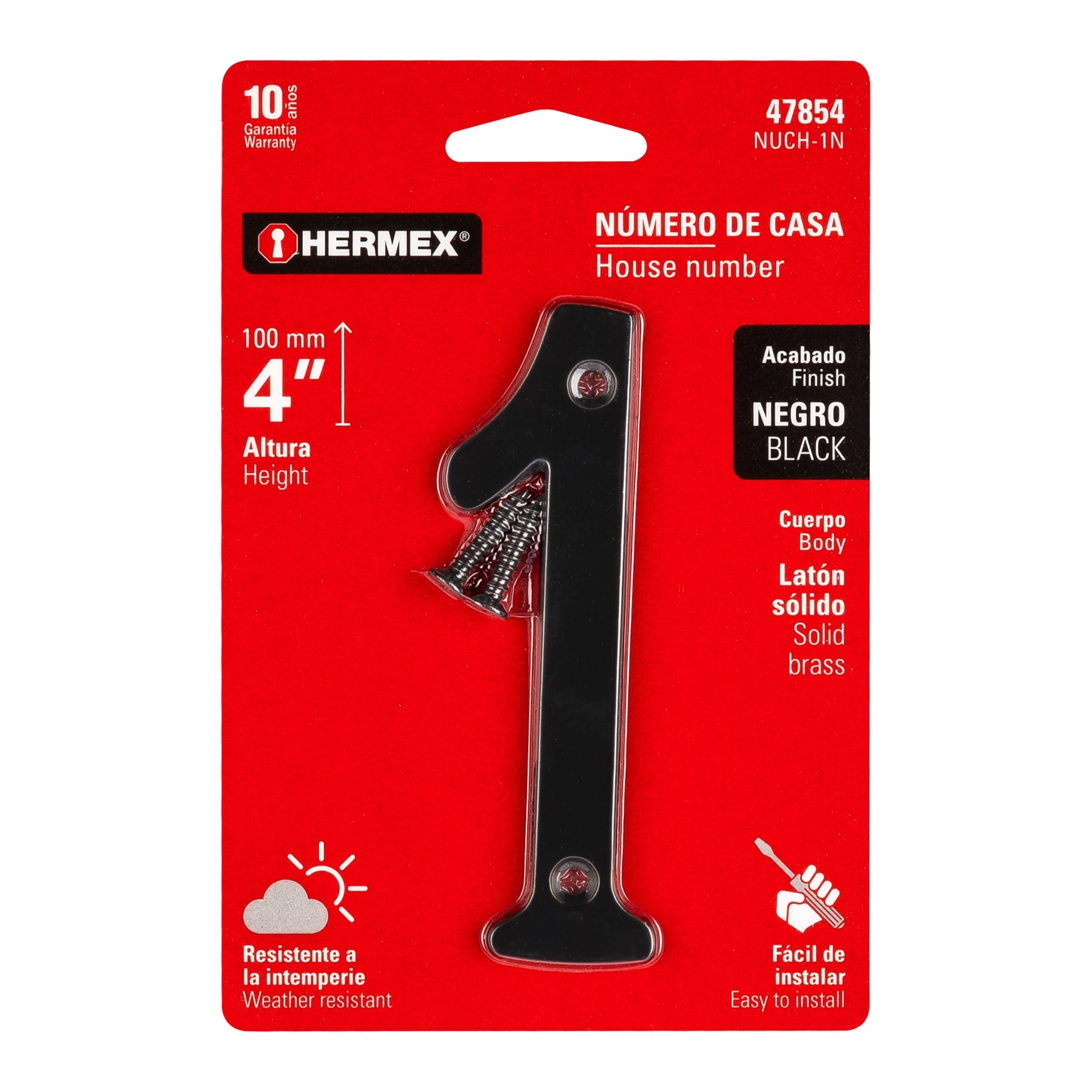 Número 1 de latón sólido 4", negro, Hermex