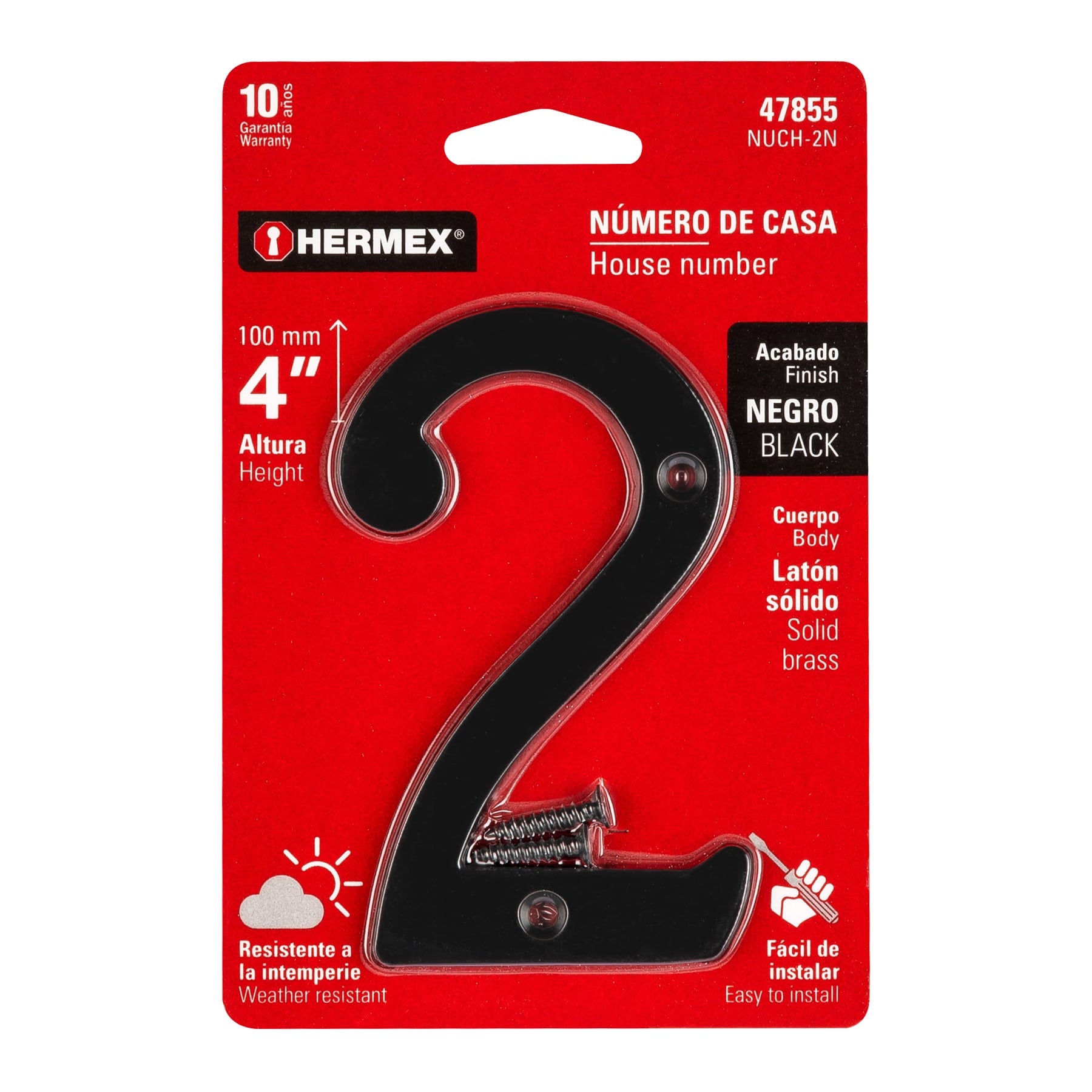 Número 2 de latón sólido 4", negro, Hermex
