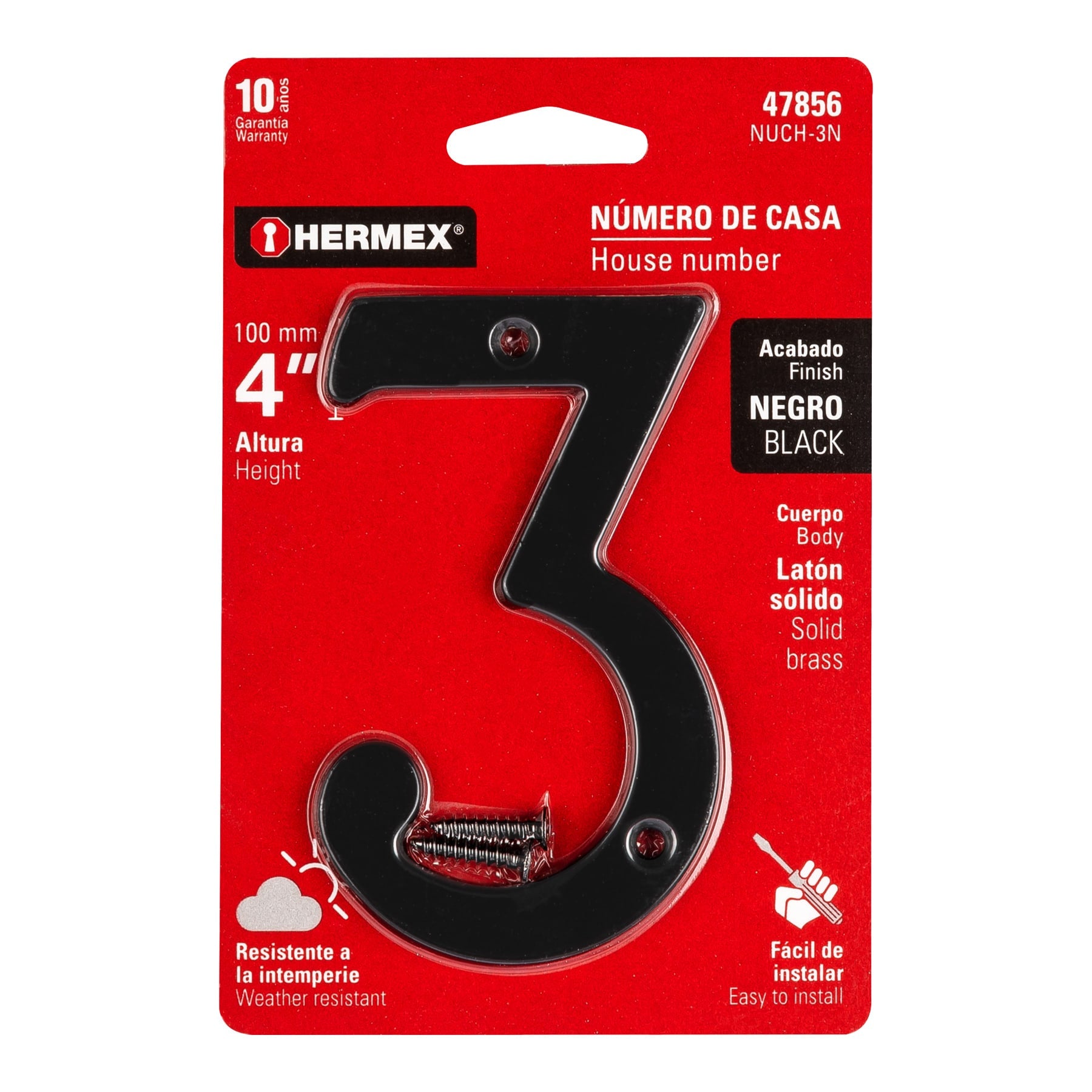 Número 3 de latón sólido 4", negro, Hermex