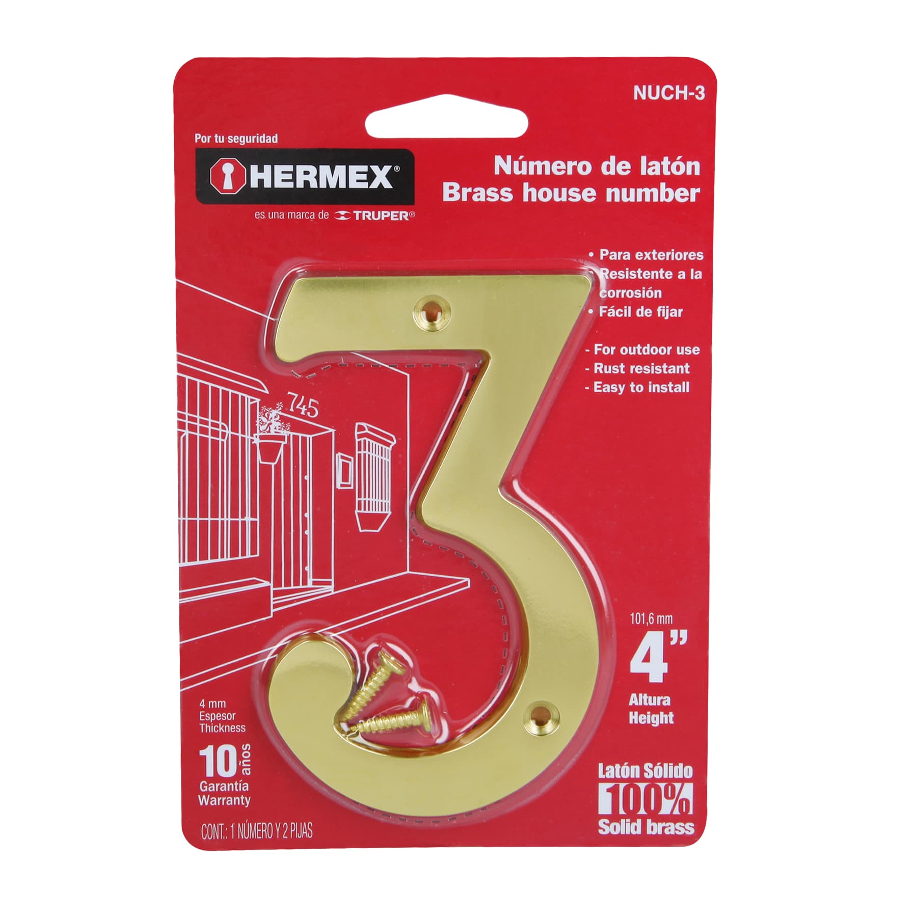 Número 3 de latón sólido 4", Hermex