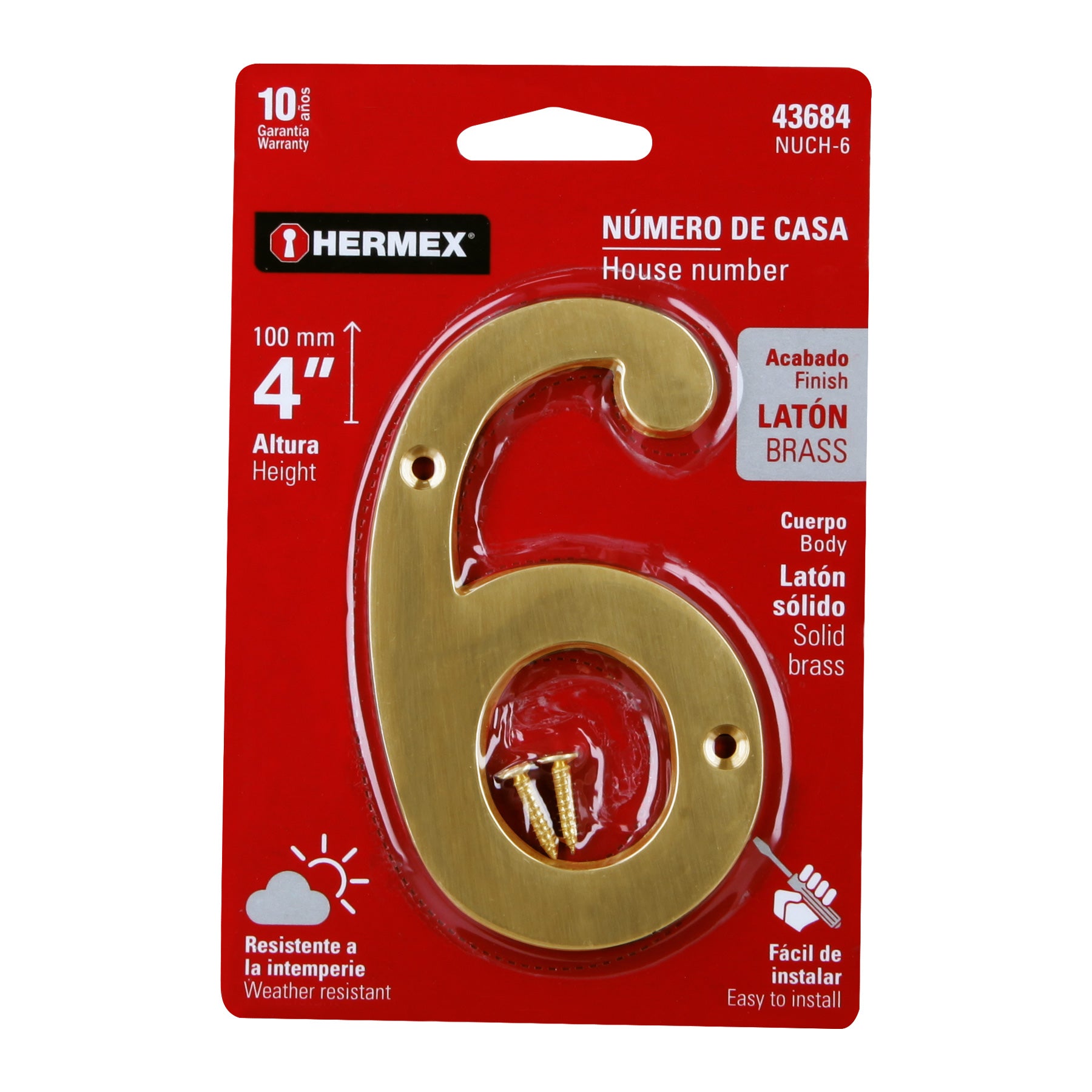 Número 6 de latón sólido 4", Hermex