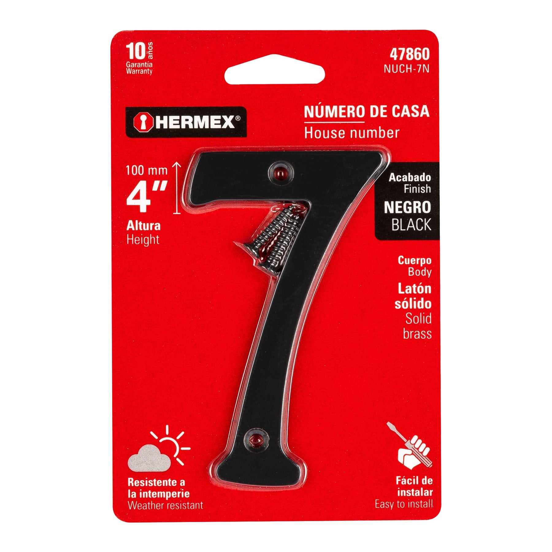 Número 7 de latón sólido 4", negro, Hermex