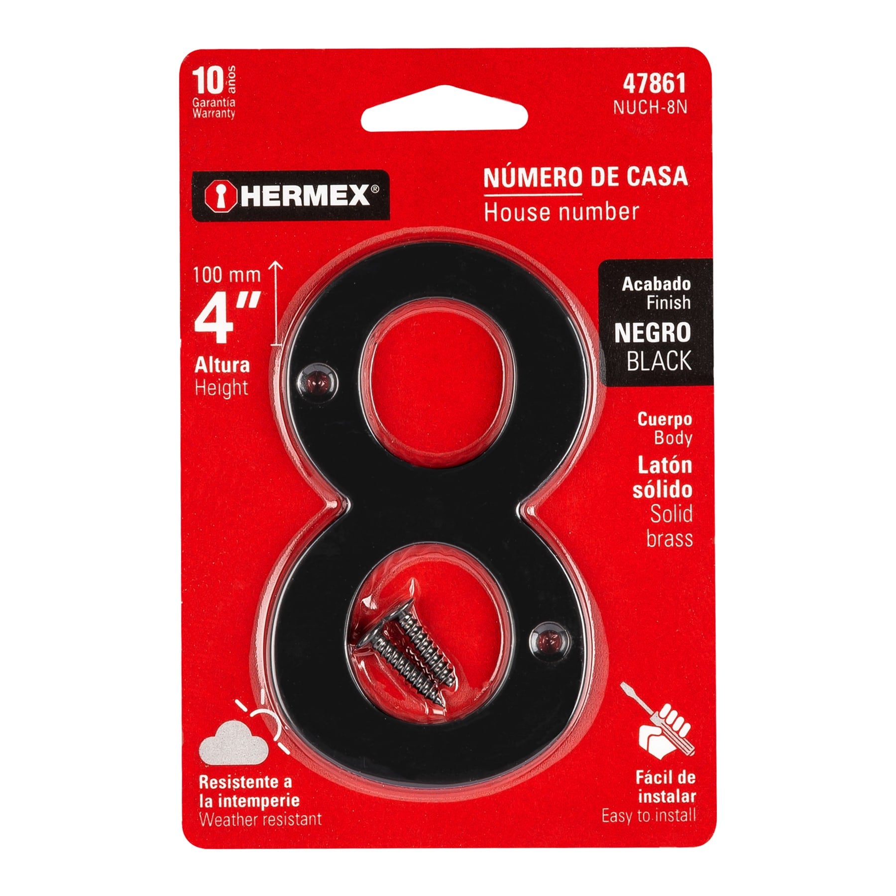 Número 8 de latón sólido 4", negro, Hermex