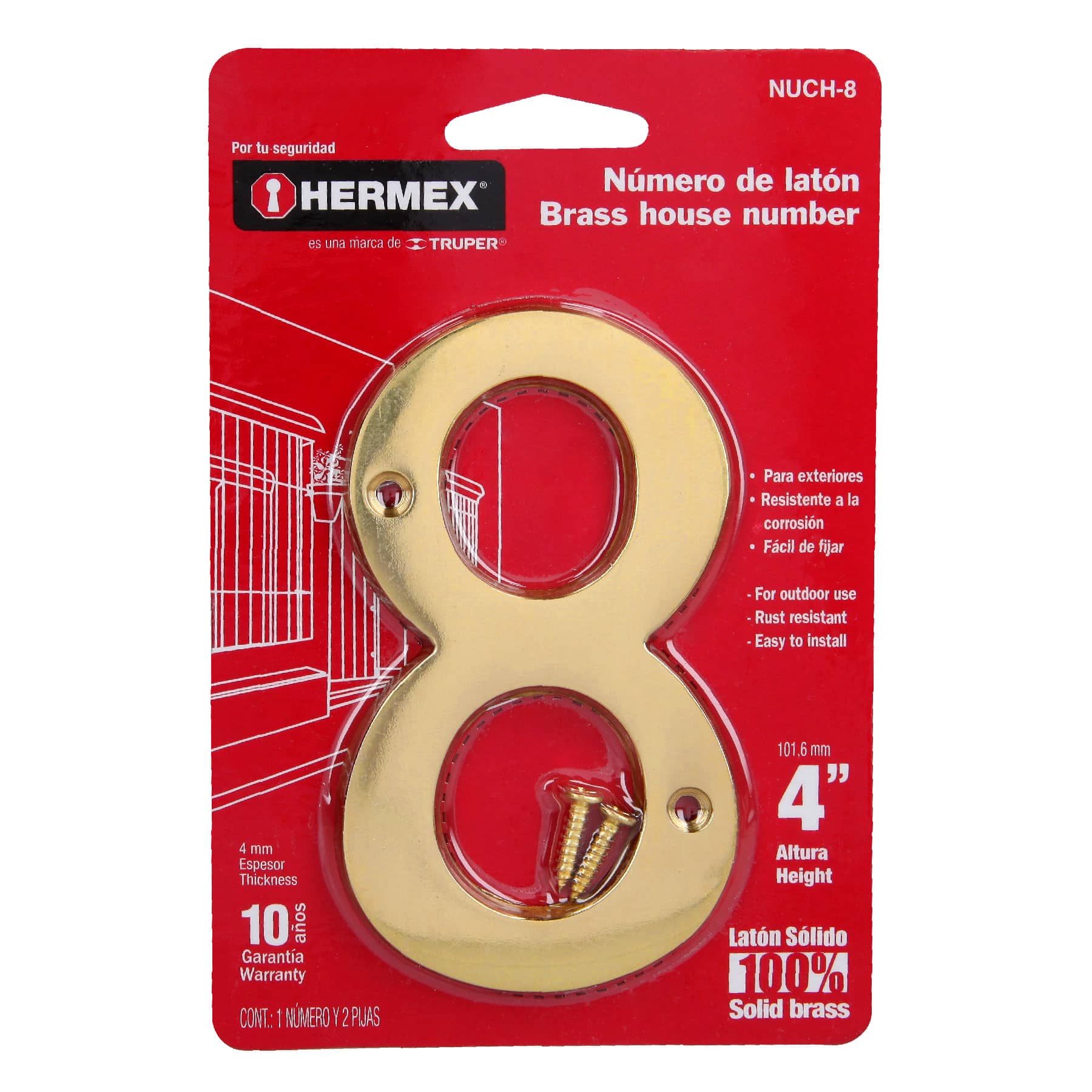 Número 8 de latón sólido 4", Hermex