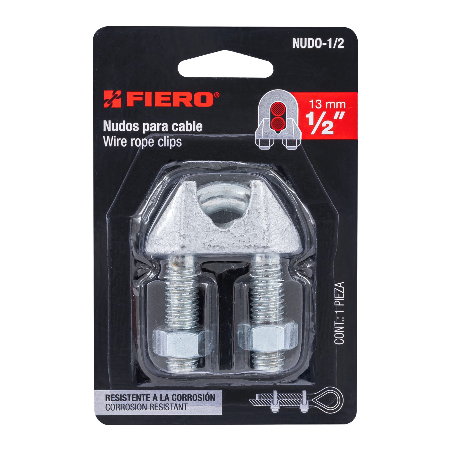 Blíster con 1 nudo (perro) de hierro para cable de 1/2", Fiero