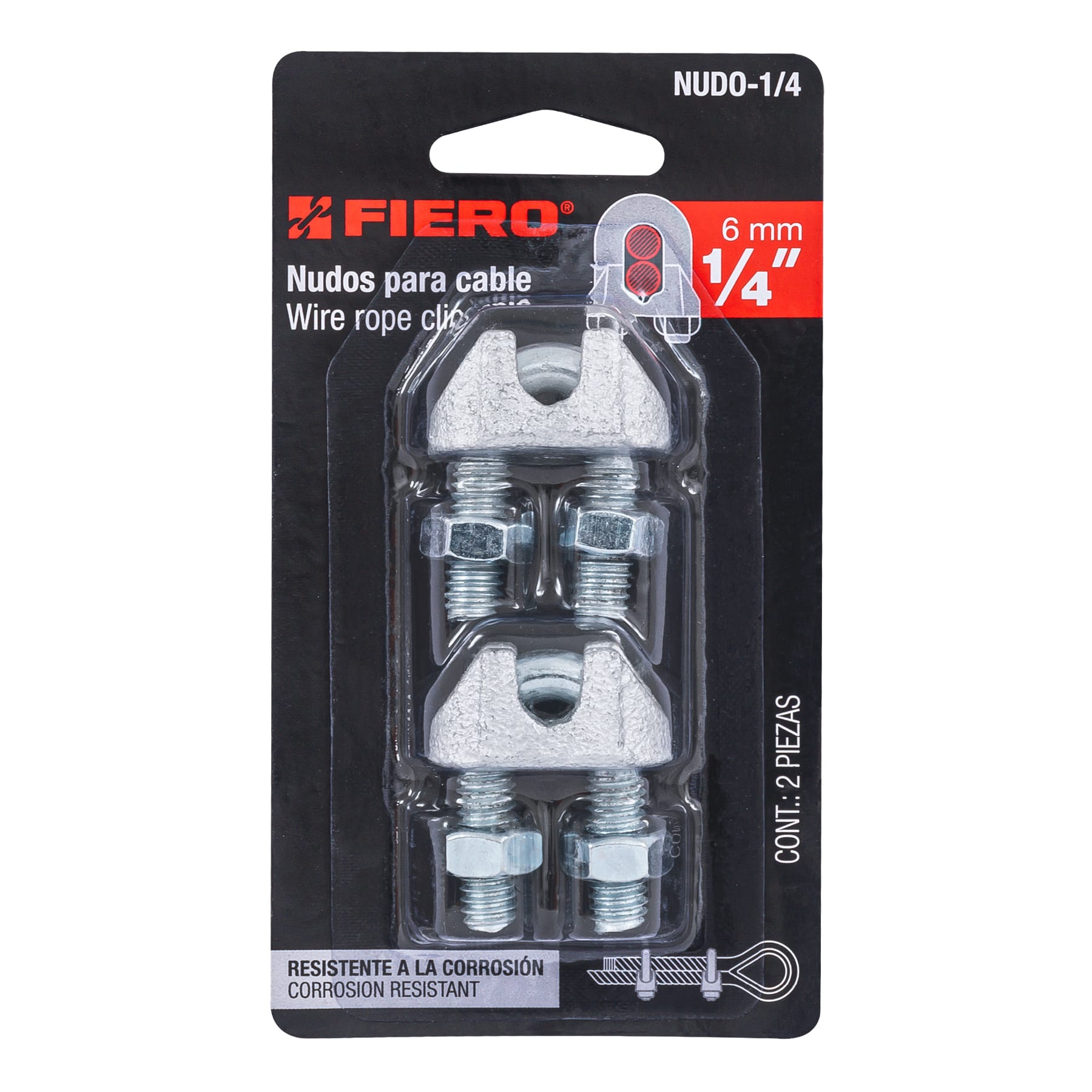 Blíster con 2 nudos (perros) de hierro para cable de 1/4", Fiero