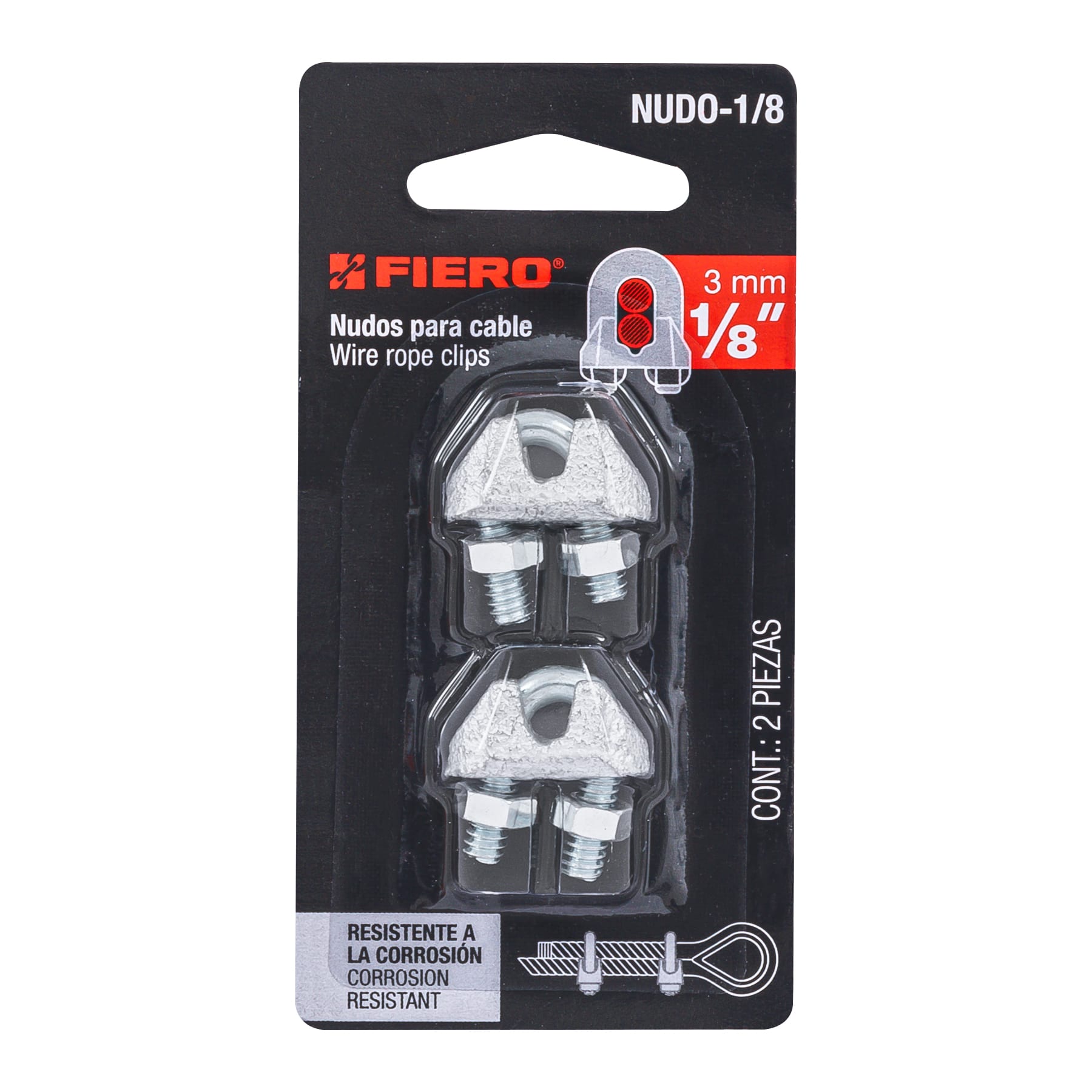 Blíster con 2 nudos (perros) de hierro para cable de 1/8", Fiero