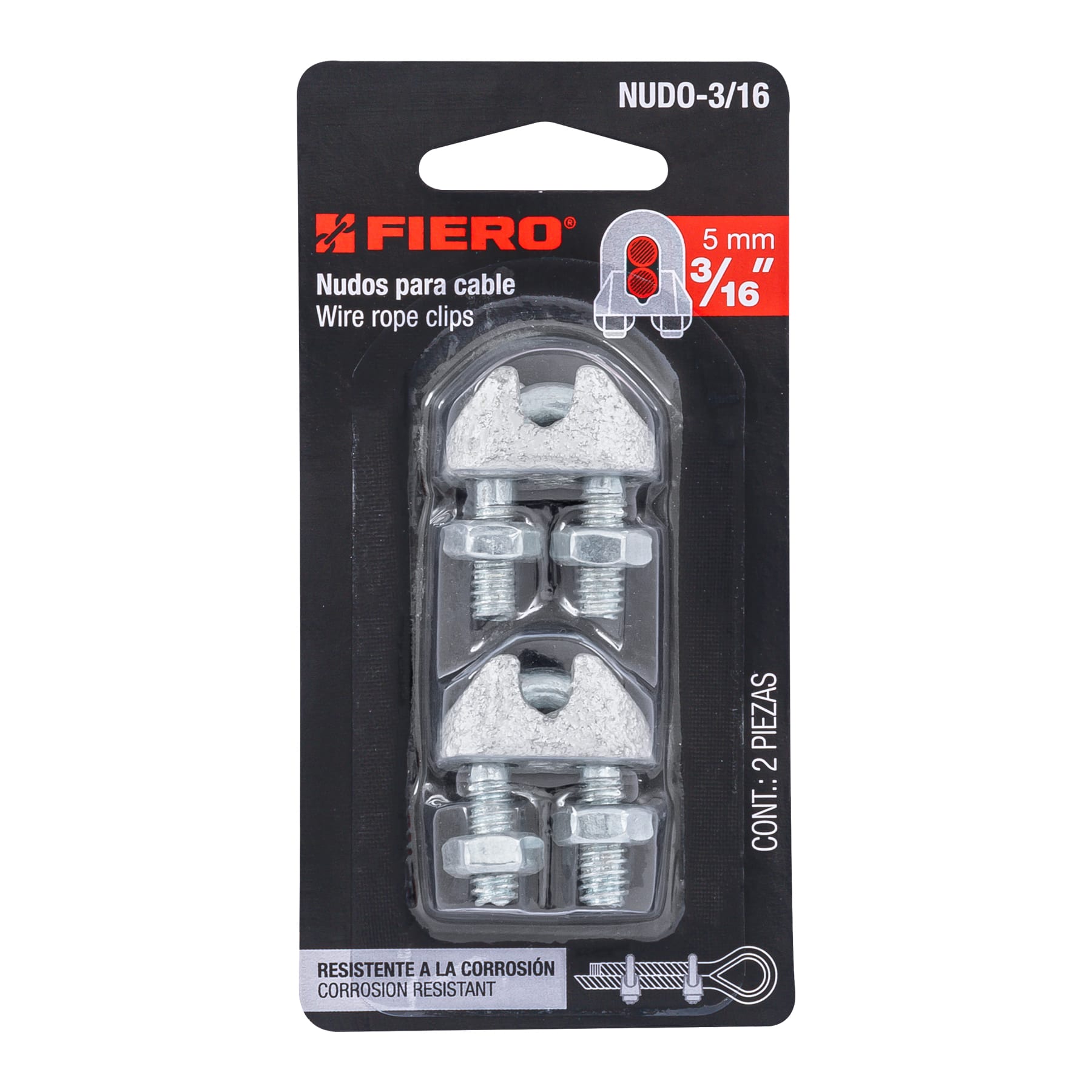 Blíster con 2 nudos (perros) de hierro para cable de 3/16", Fiero
