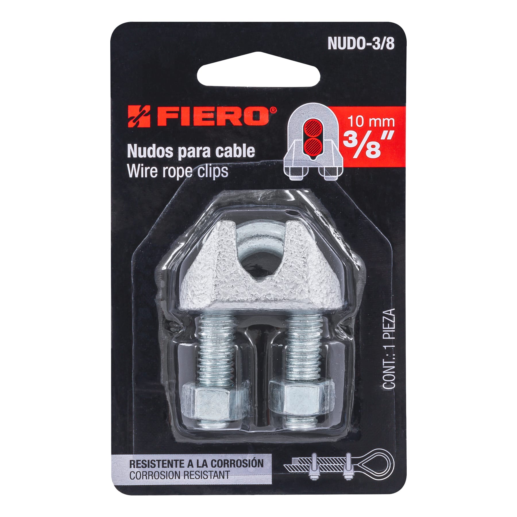 Blíster con 1 nudo (perro) de hierro para cable de 3/8", Fiero
