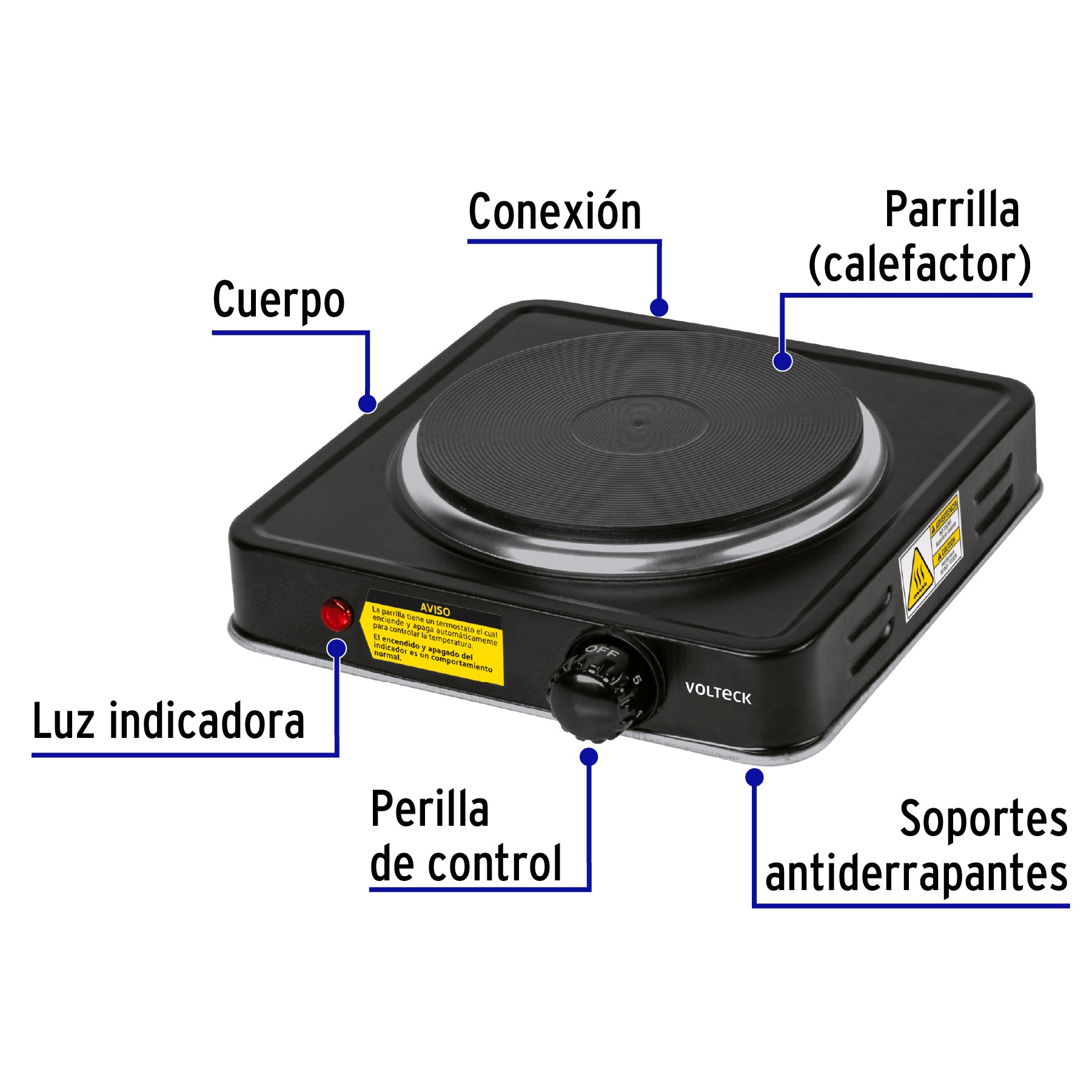 Parrilla eléctrica 1 quemador de disco, negra, VOLTECK