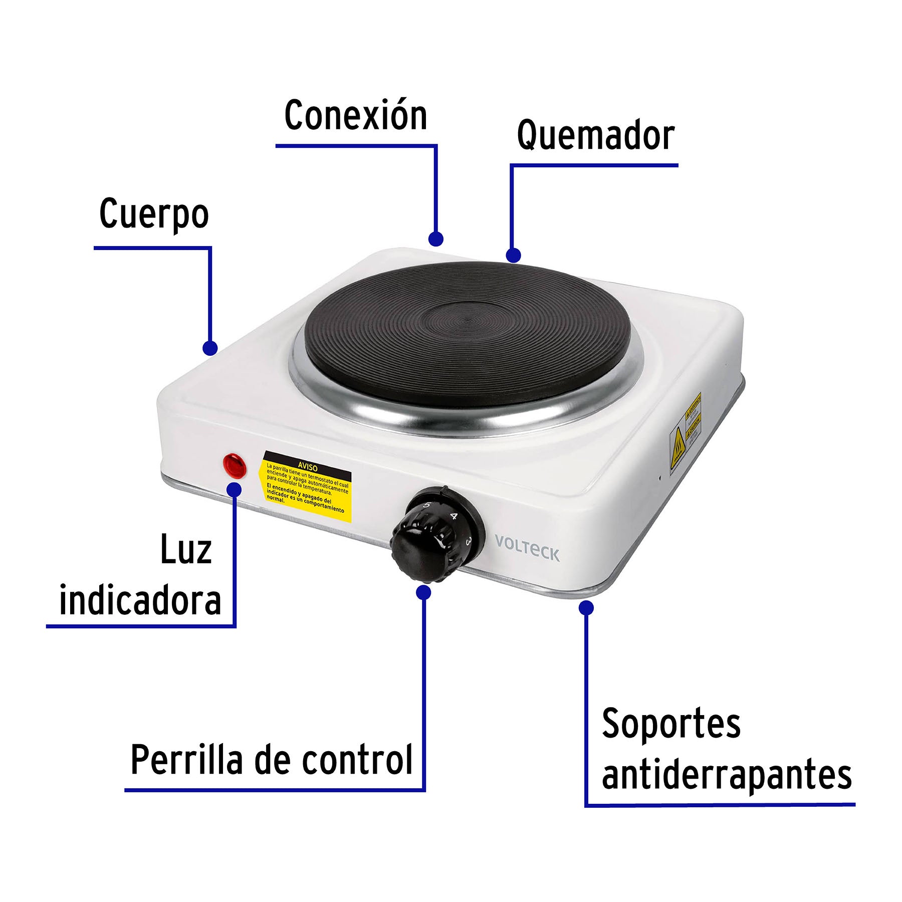 Parrilla eléctrica 1 quemador de disco, blanca, VOLTECK