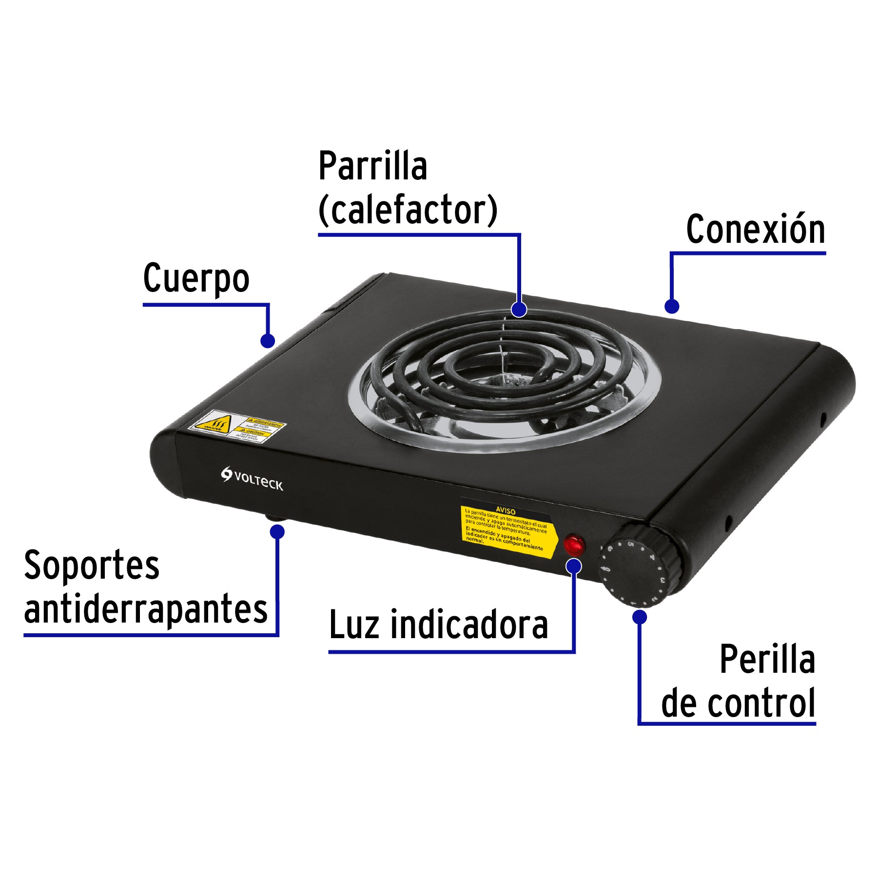 Parrilla eléctrica 1 quemador espiral, negra, VOLTECK
