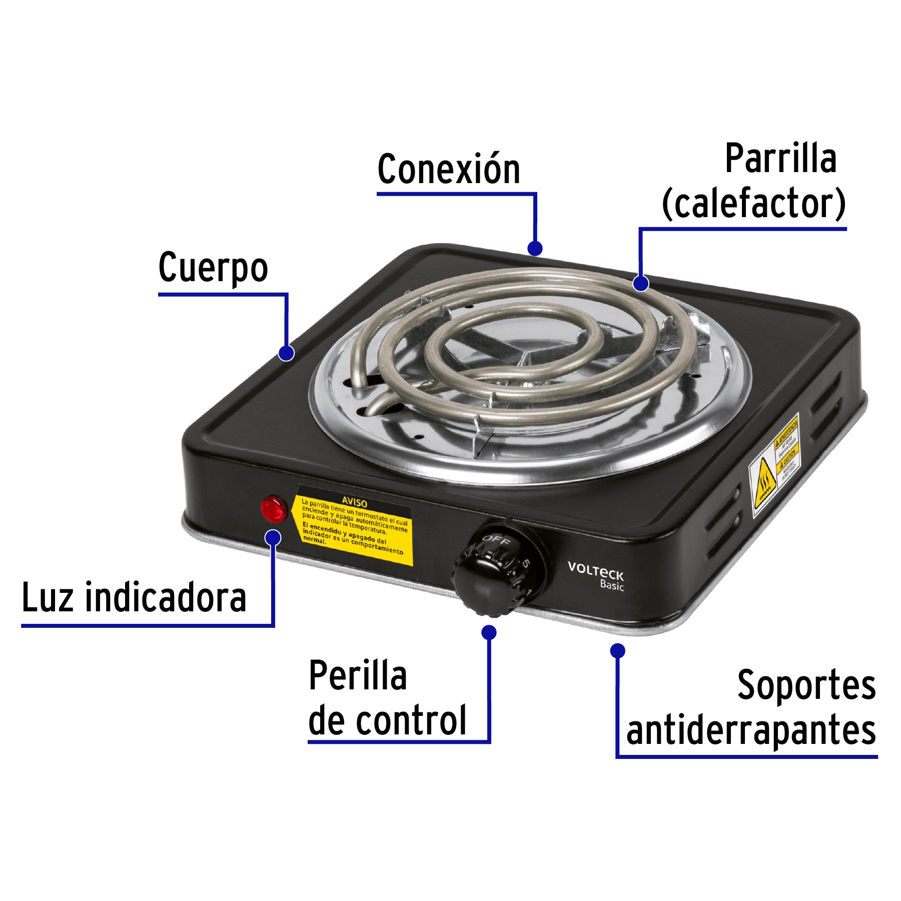 Parrilla eléctrica 1 quemador en espiral, negra, BASIC