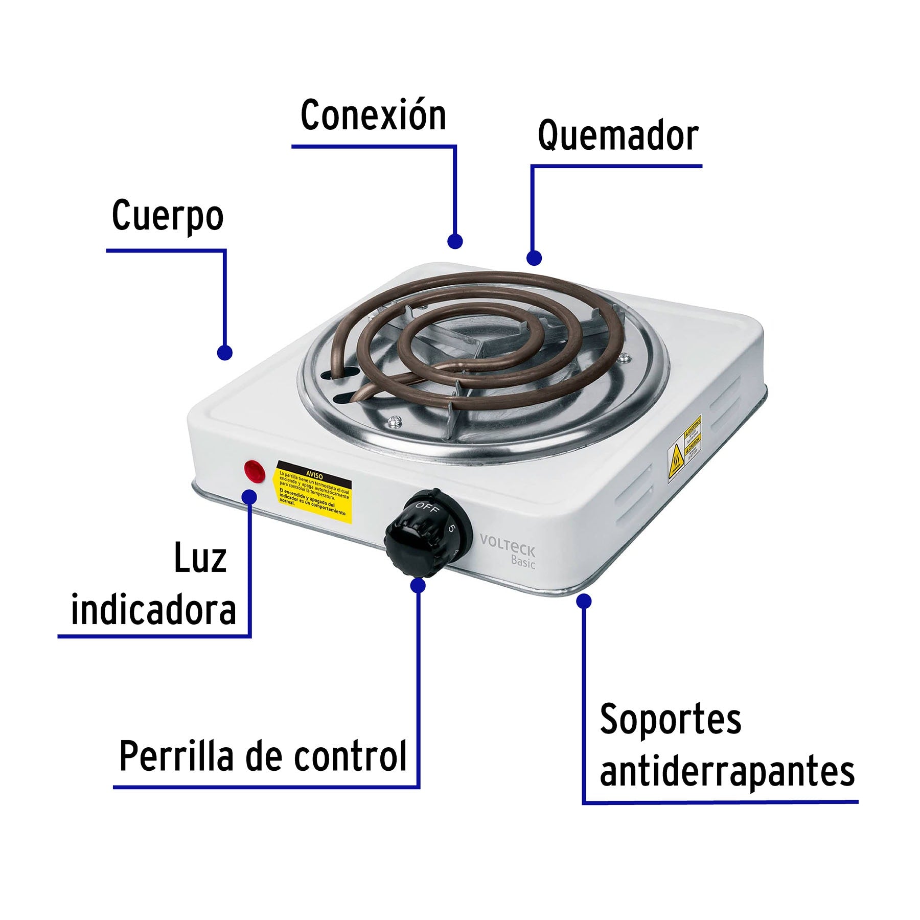 Parrilla eléctrica 1 quemador en espiral, blanca, BASIC