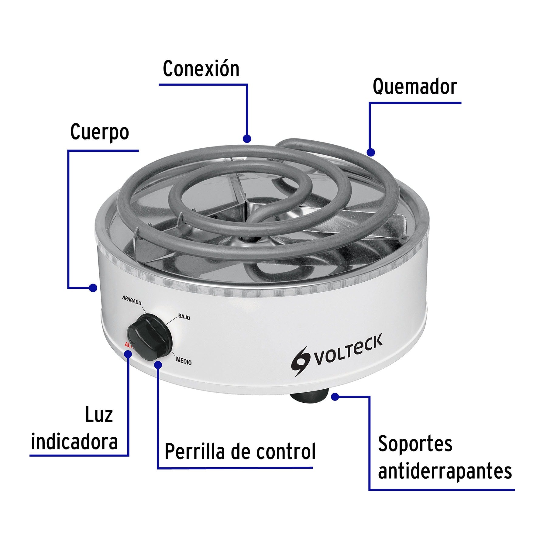 Parrilla eléctrica red. 1 quemador espiral, blanca, VOLTECK