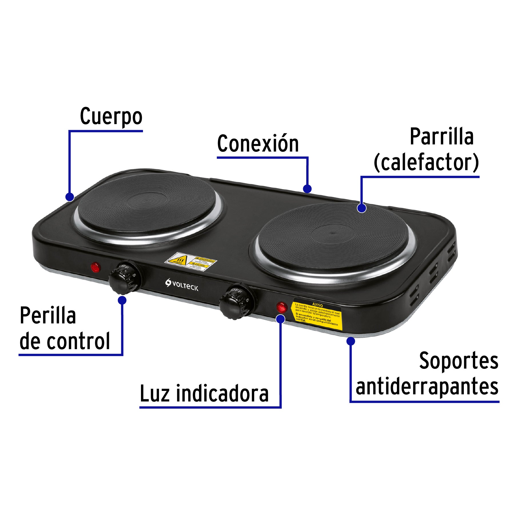 Parrilla eléctrica 2 quemadores de disco, negra, VOLTECK