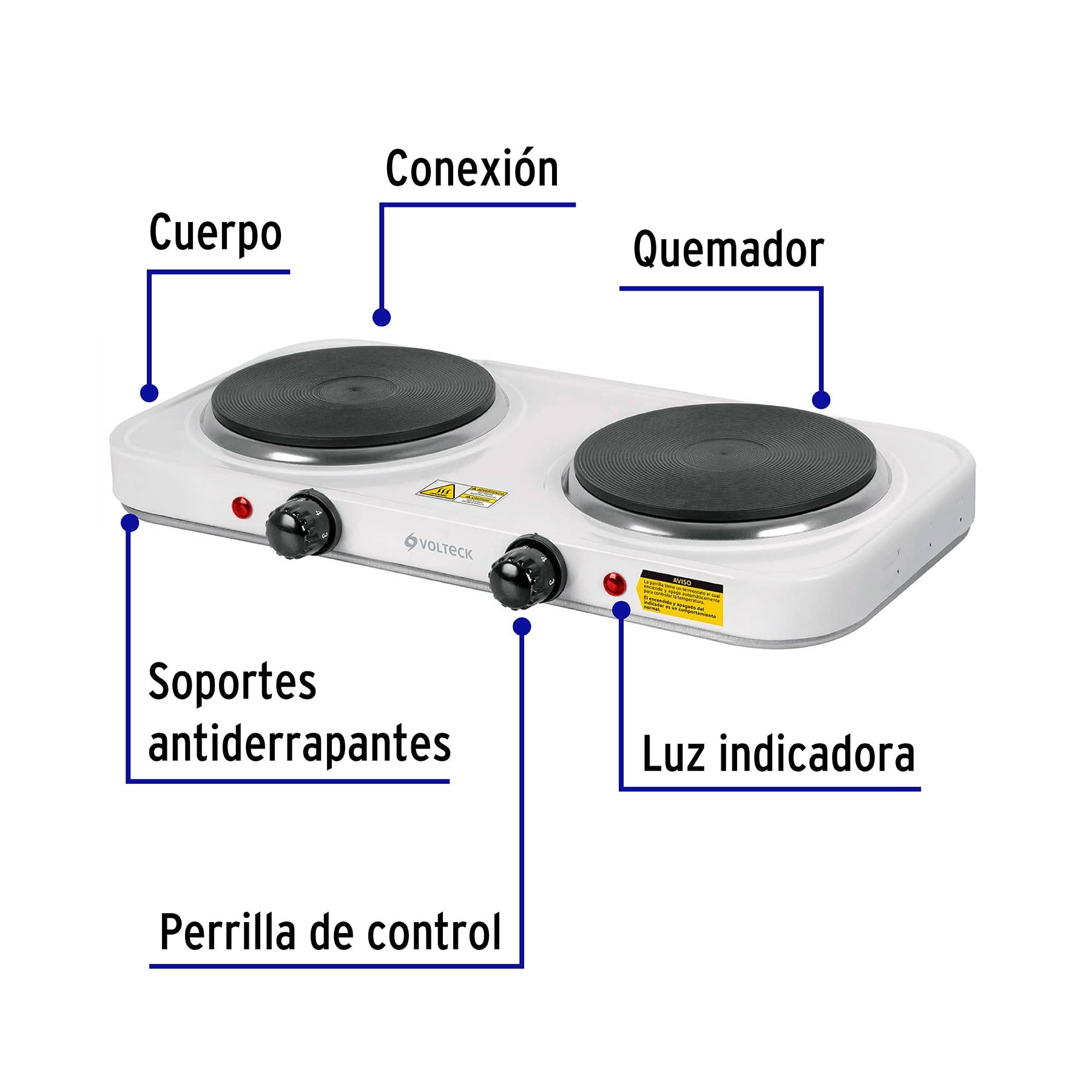 Parrilla eléctrica 2 quemadores de disco, blanca, VOLTECK