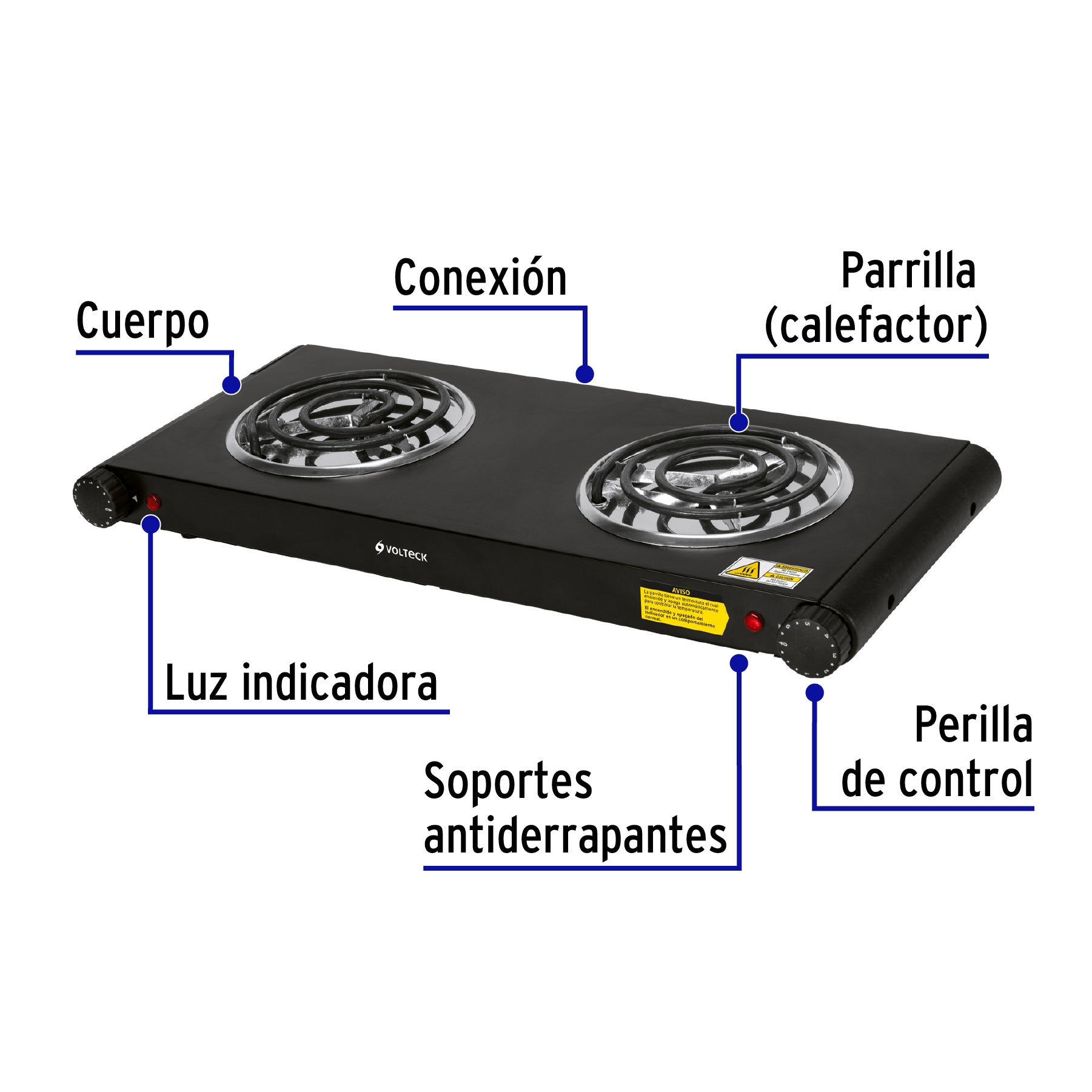 Parrilla eléctrica 2 quemadores en espiral, negra, VOLTECK