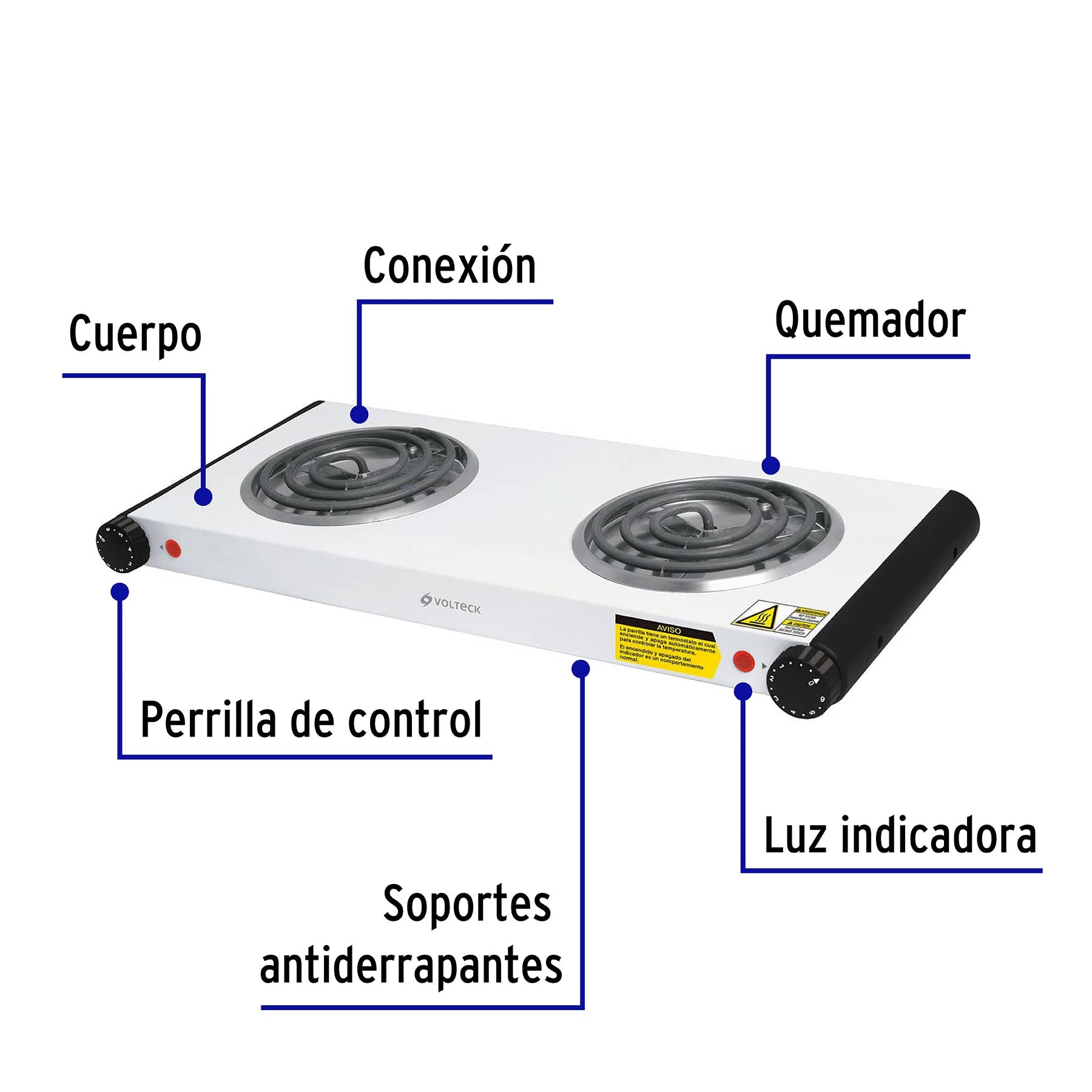 Parrilla eléctrica 2 quemadores en espiral, blanca, VOLTECK