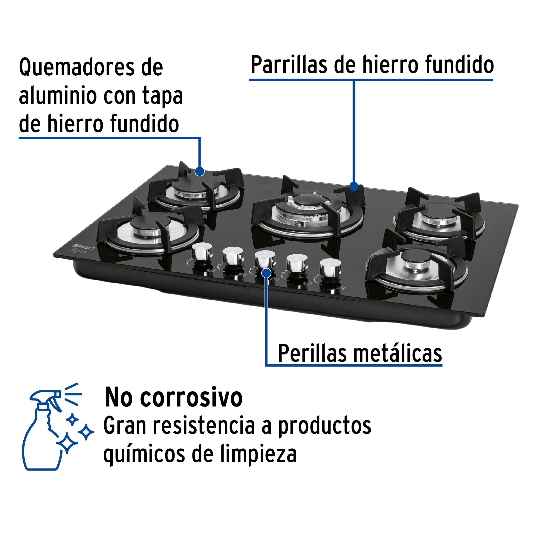 Parrilla gas empotrable 75cm, 5 quem, vidrio negro, Riviera